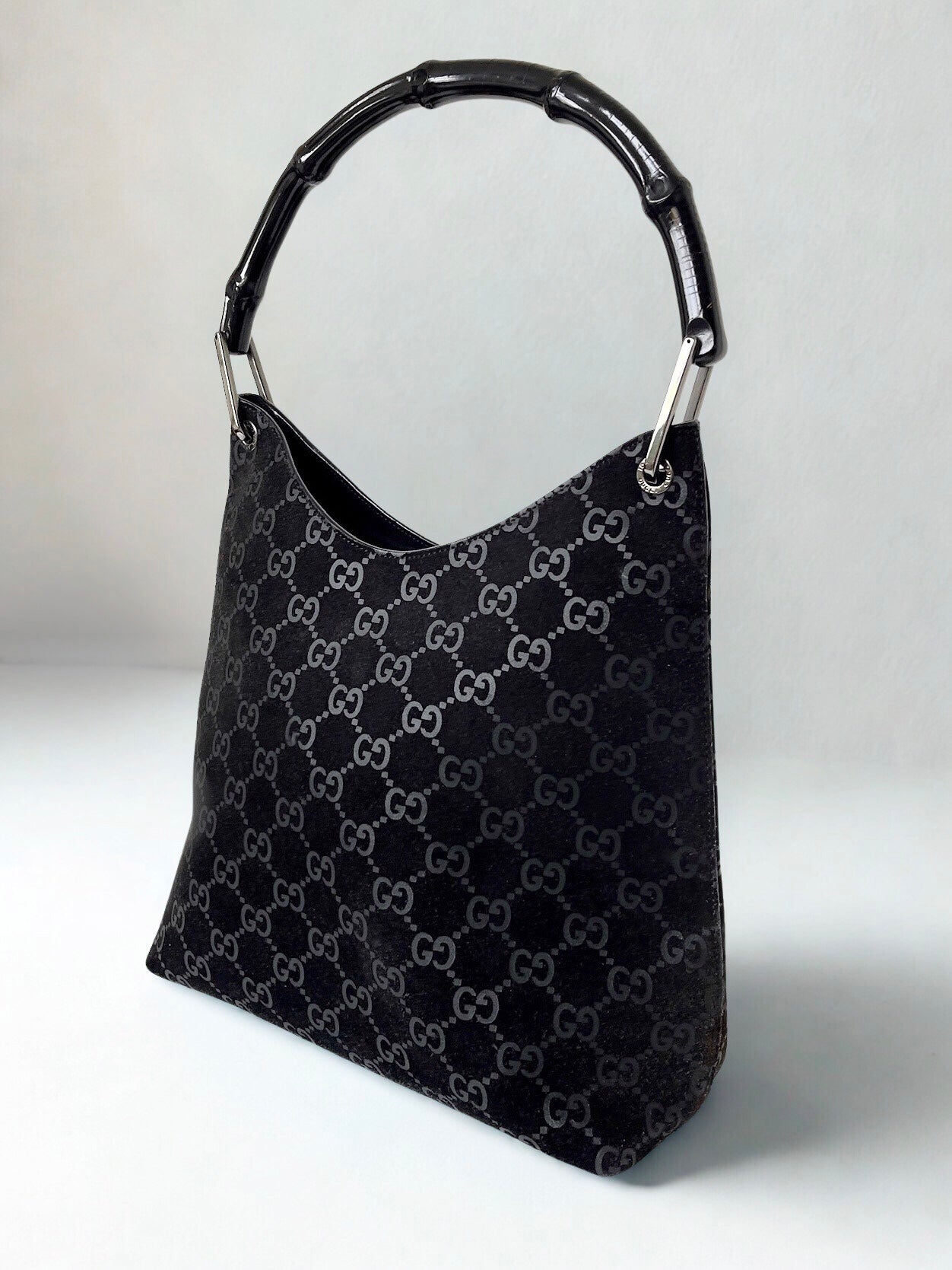 Gucci monogram suede bamboo top-handle shoulder bag