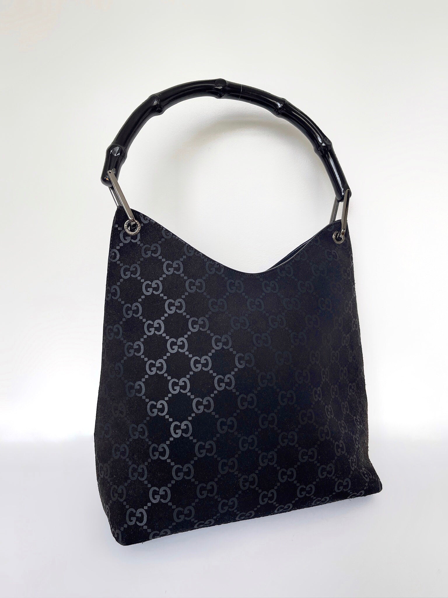 Gucci monogram suede bamboo top-handle shoulder bag