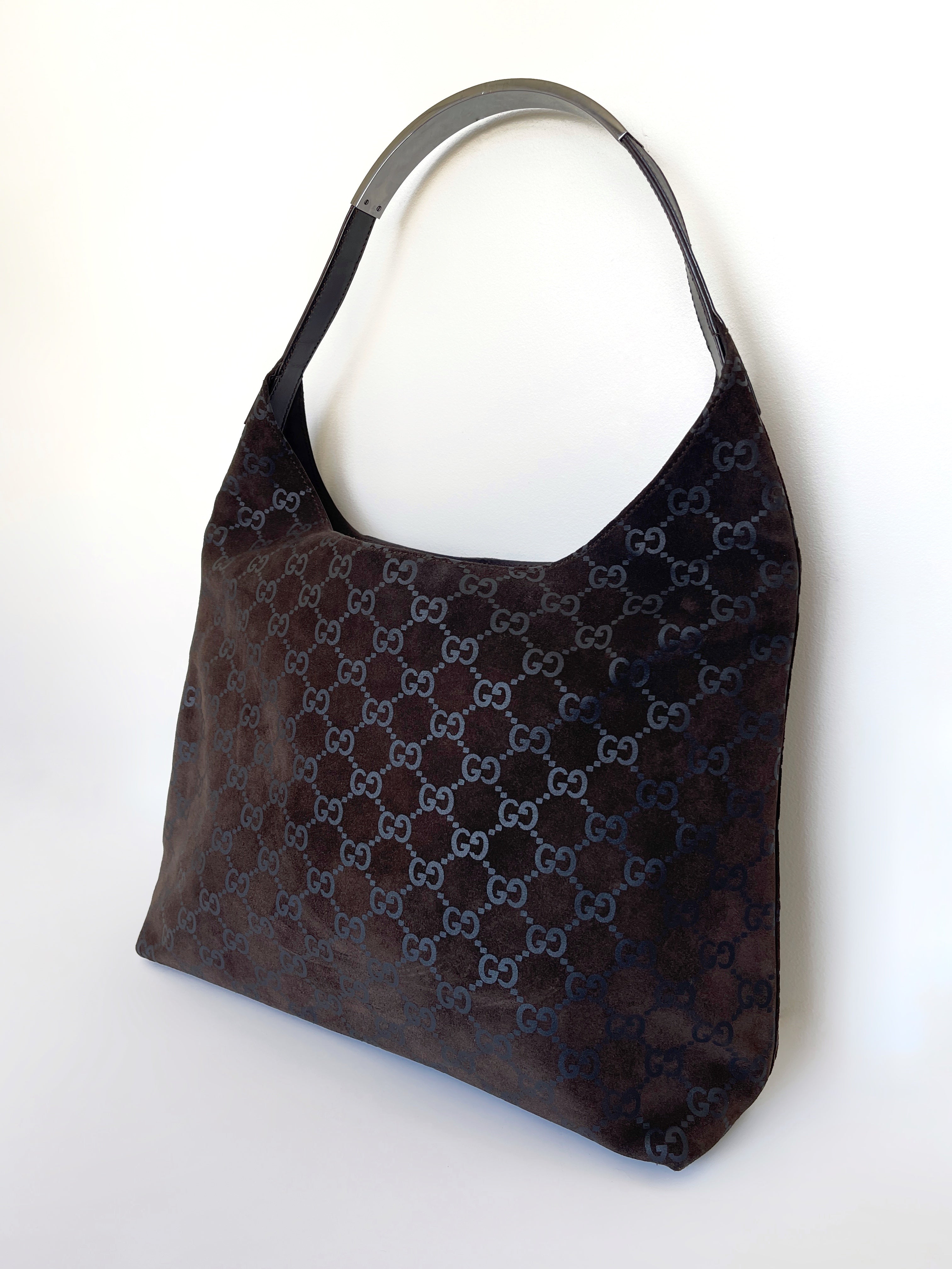 Vintage Gucci brown suede monogram shoulder bag