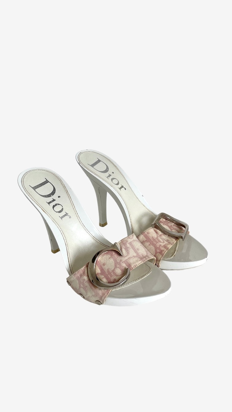 Y2K Dior monogram trotter heels in pink and white