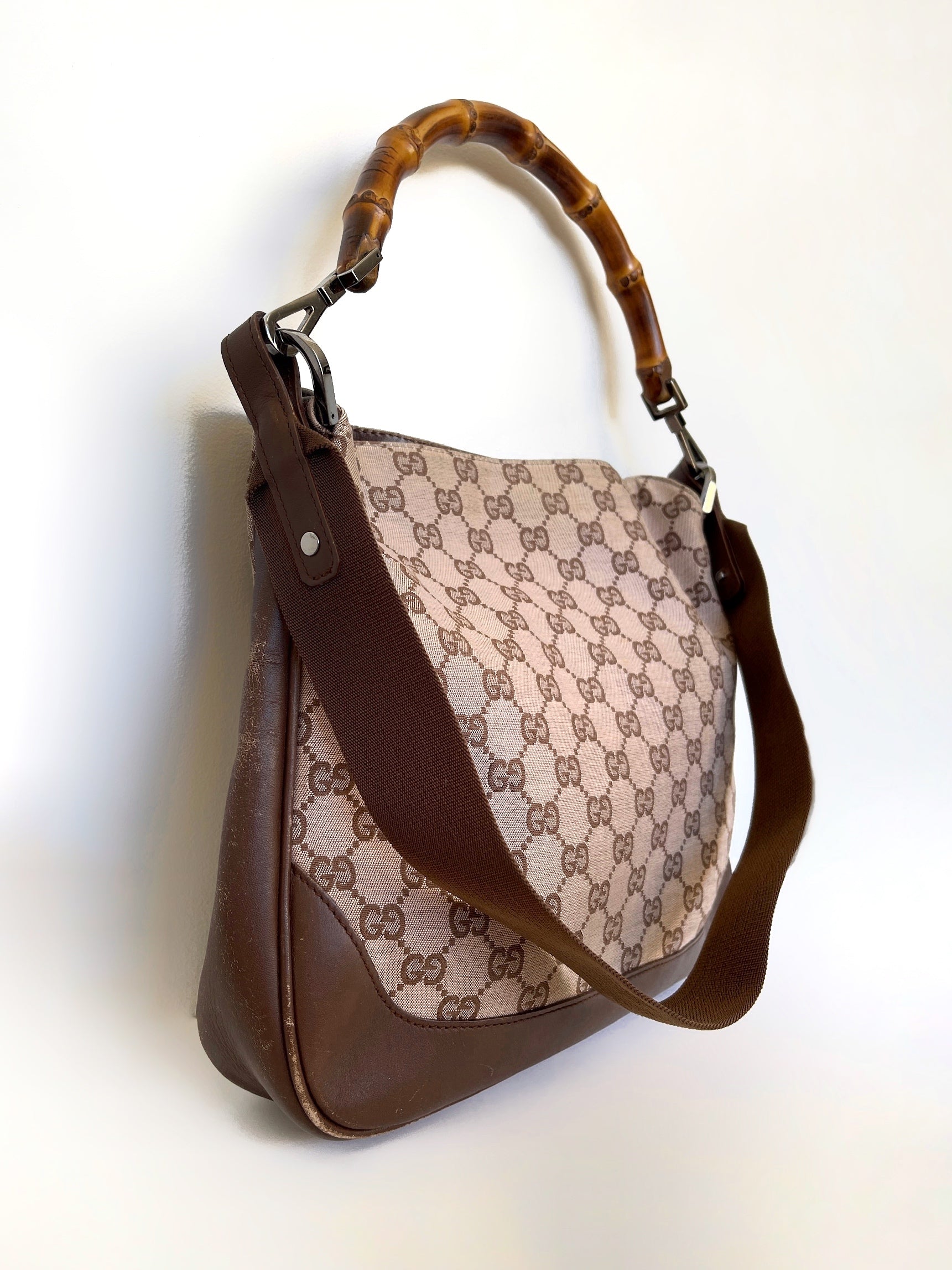 Vintage Gucci monogram bamboo top handle shoulder bag with strap