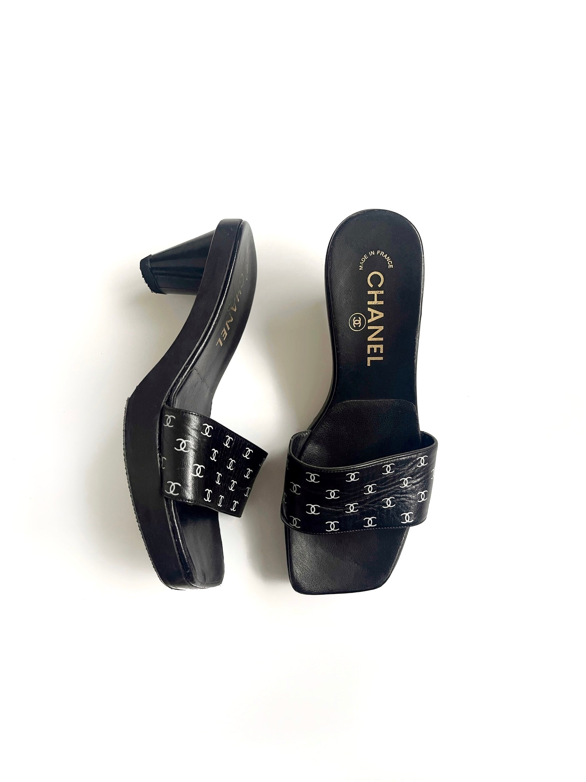 Vintage Chanel rare cc monogram wooden heels mules
