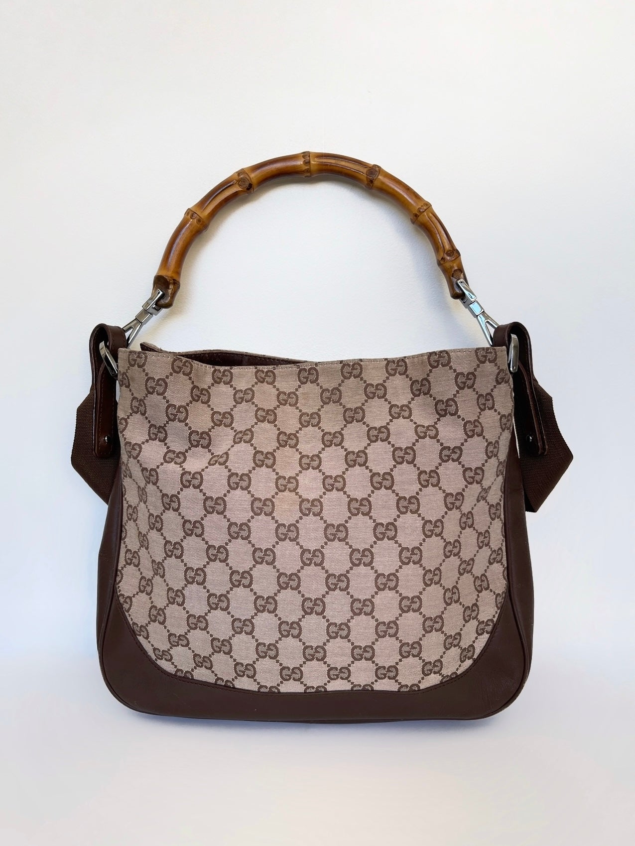 Vintage Gucci monogram bamboo top handle shoulder bag with strap