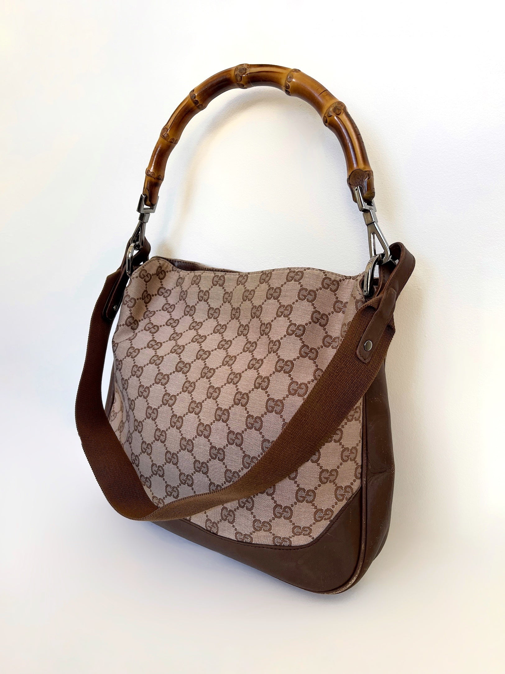 Vintage Gucci monogram bamboo top handle shoulder bag with strap
