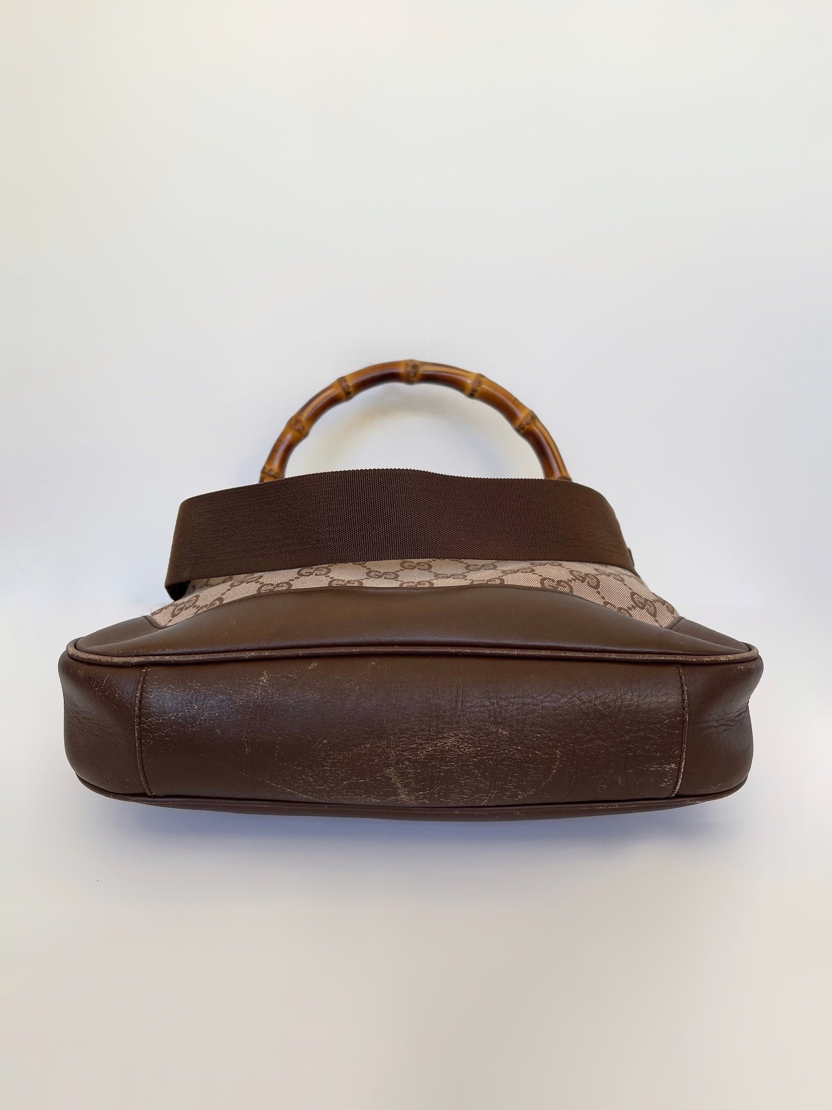 Vintage Gucci monogram bamboo top handle shoulder bag with strap