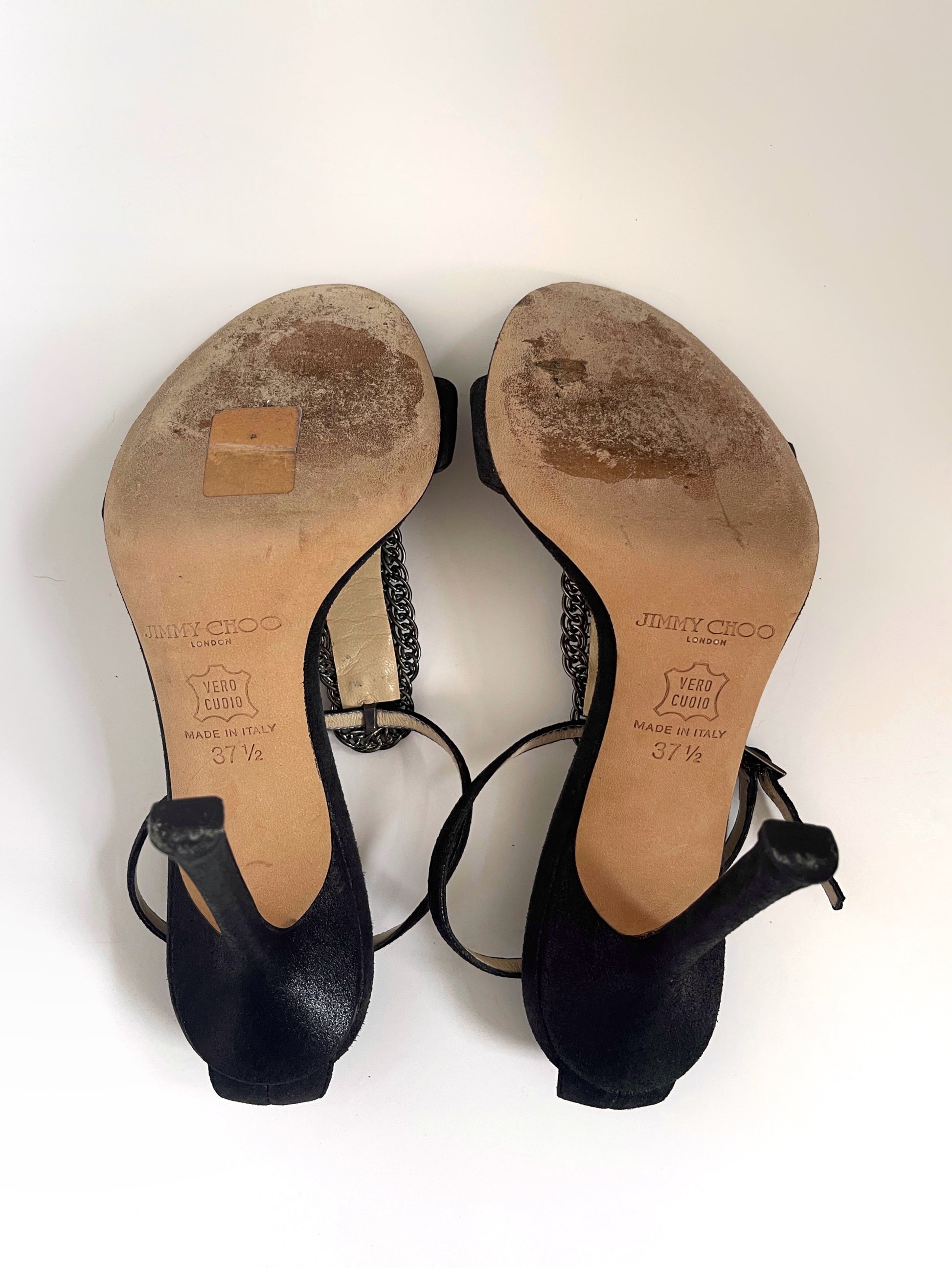 Jimmy Choo black suede chain link accent embellishment t strap sandals heels