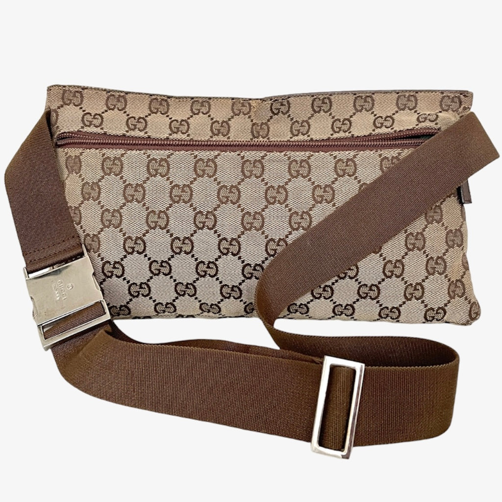 Gucci monogram double pocket waist belt bag.