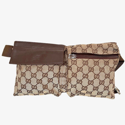 Gucci monogram double pocket waist belt bag.