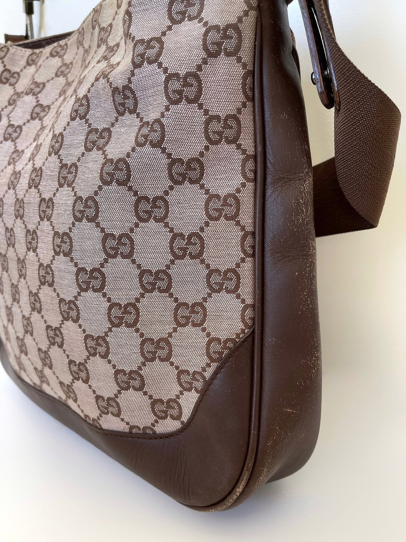 Vintage Gucci monogram bamboo top handle shoulder bag with strap