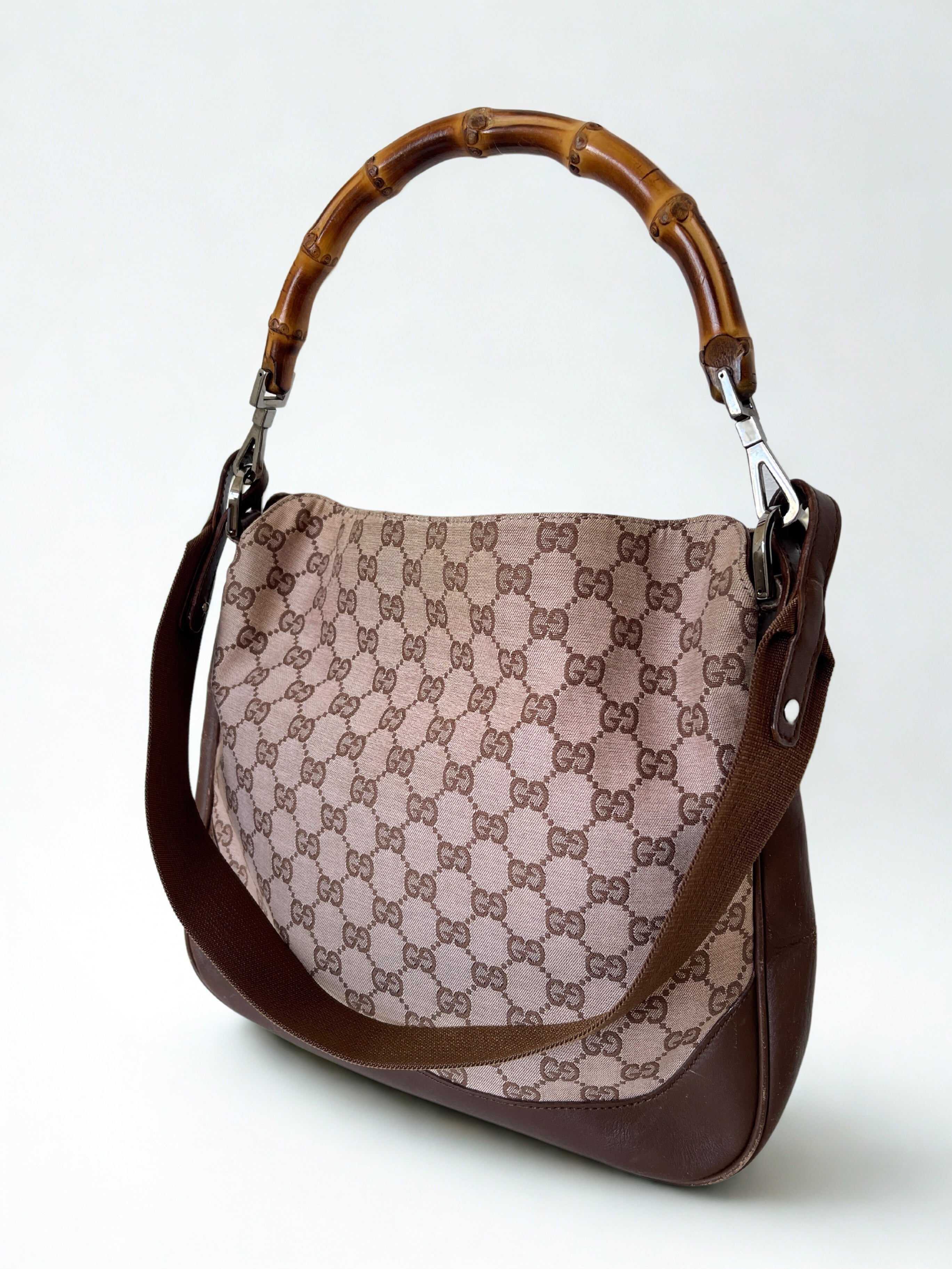Vintage Gucci monogram bamboo top handle shoulder bag with strap