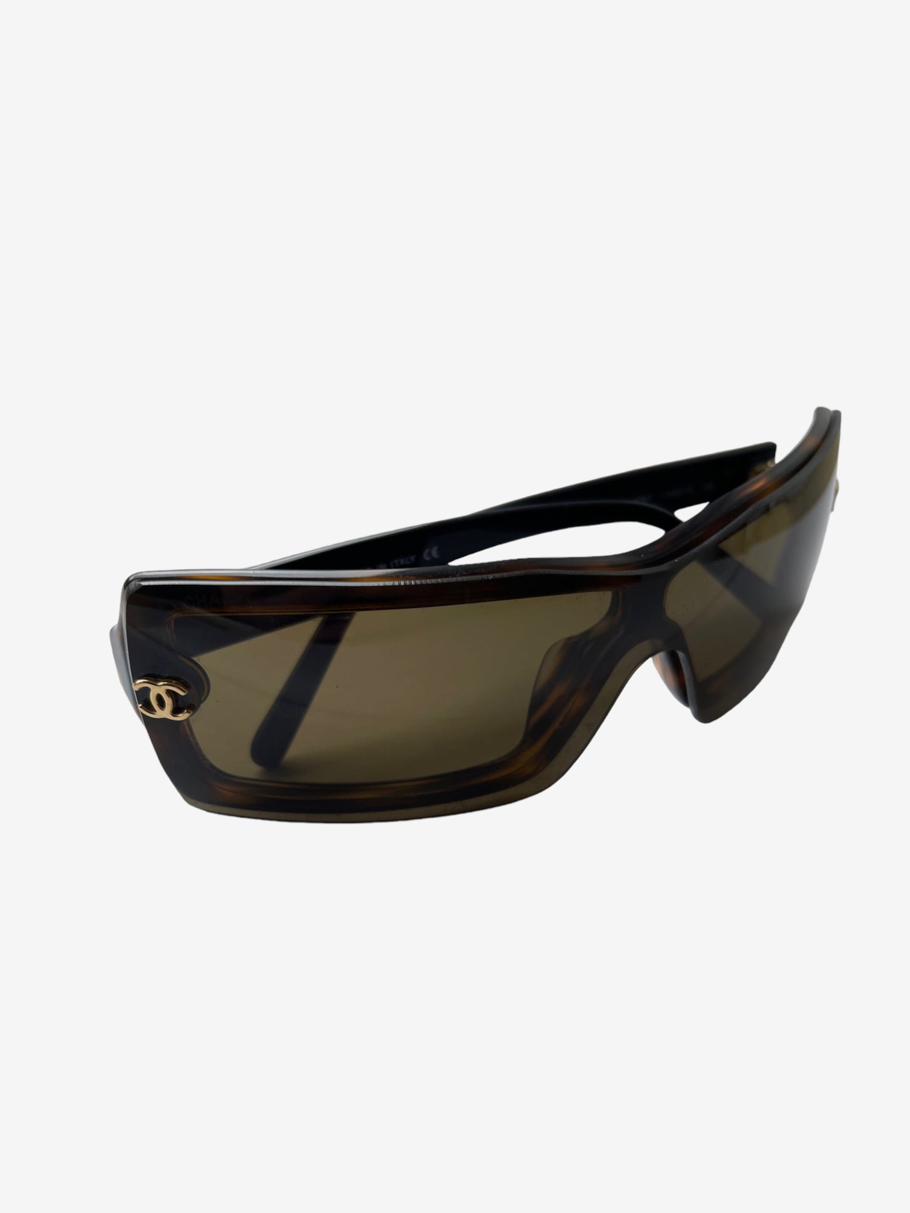 Chanel shield/visor sunglasses with CC logo.