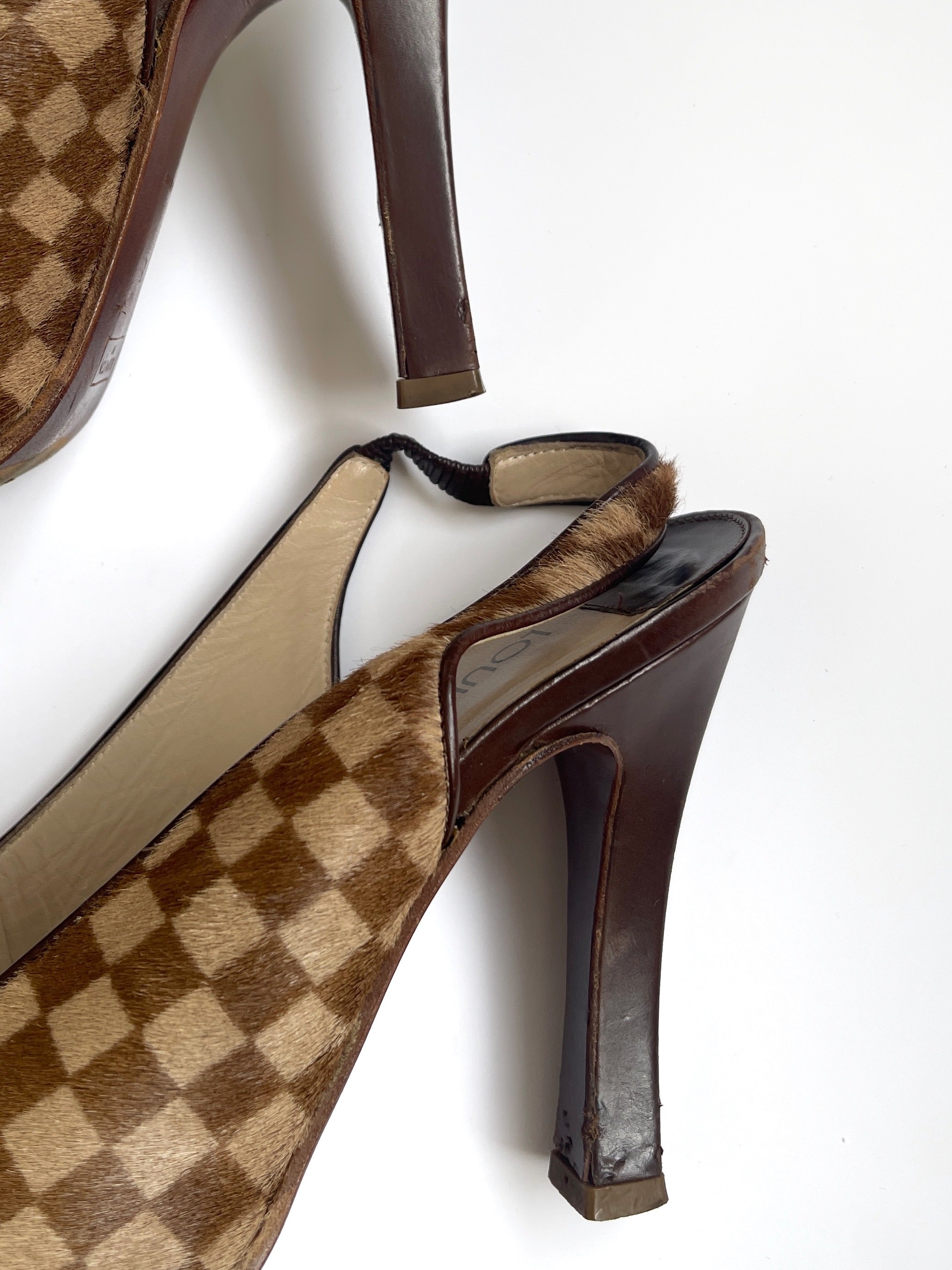 Vintage Louis Vuitton Damier Pony Hair Slingback Heels with Gold charm details
