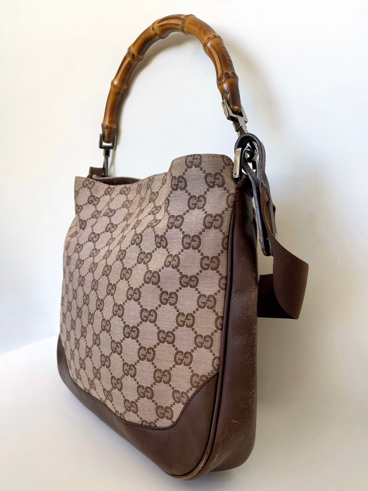 Vintage Gucci monogram bamboo top handle shoulder bag with strap