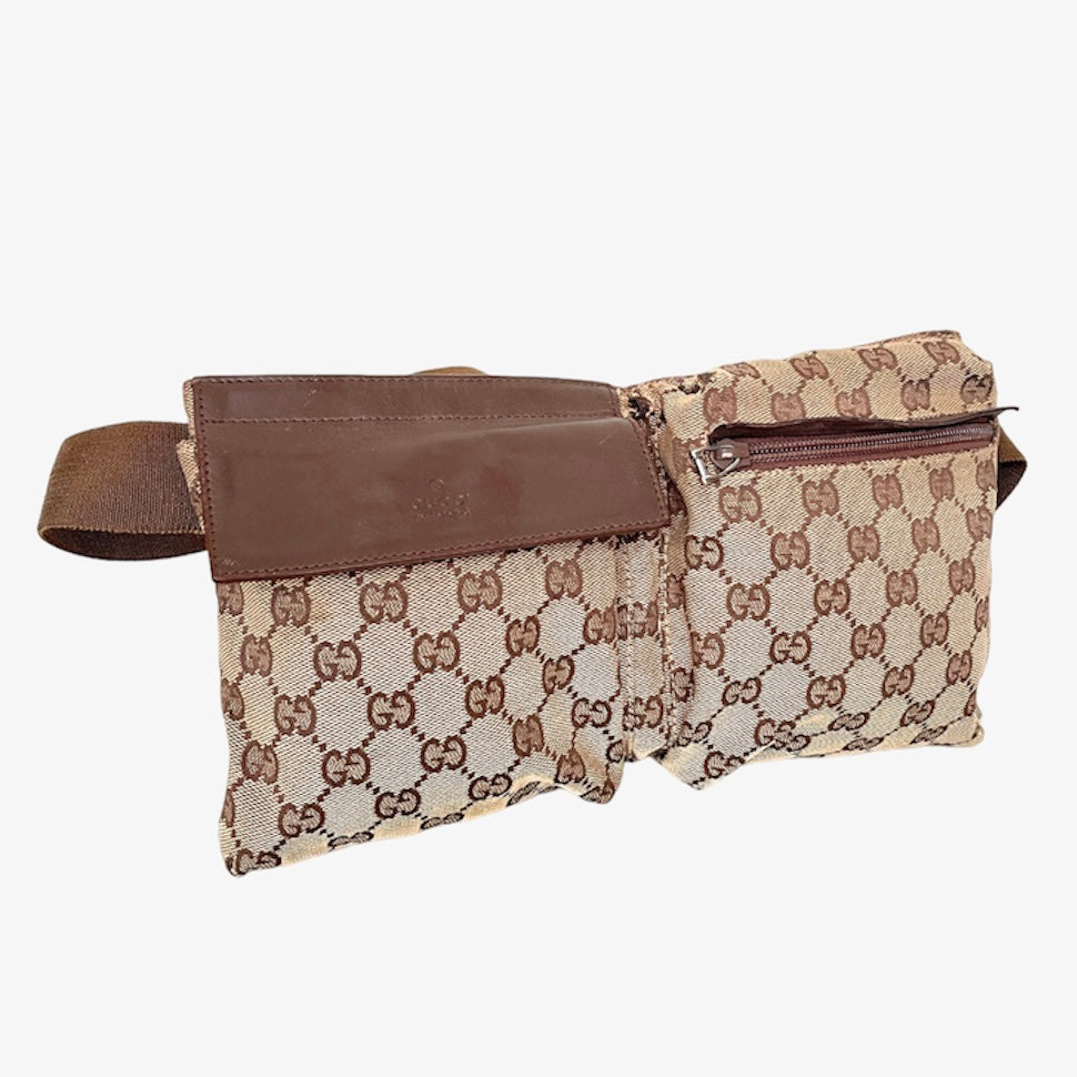 Gucci monogram double pocket waist belt bag.