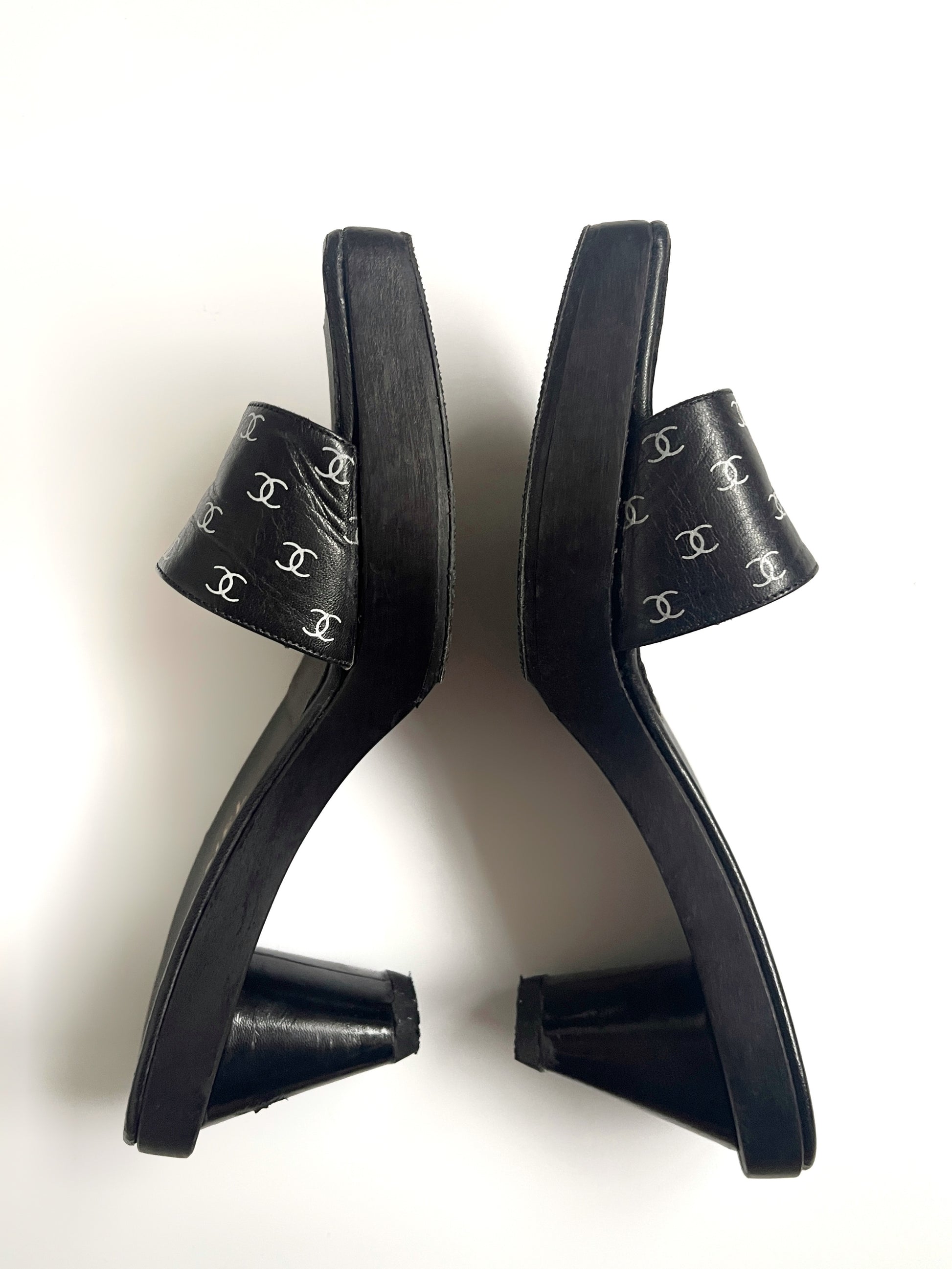 Vintage Chanel rare cc monogram wooden heels mules
