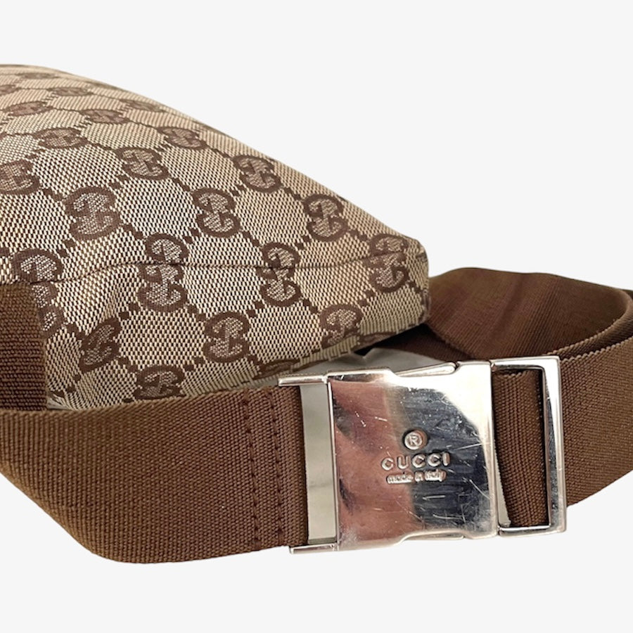 Gucci monogram double pocket waist belt bag.
