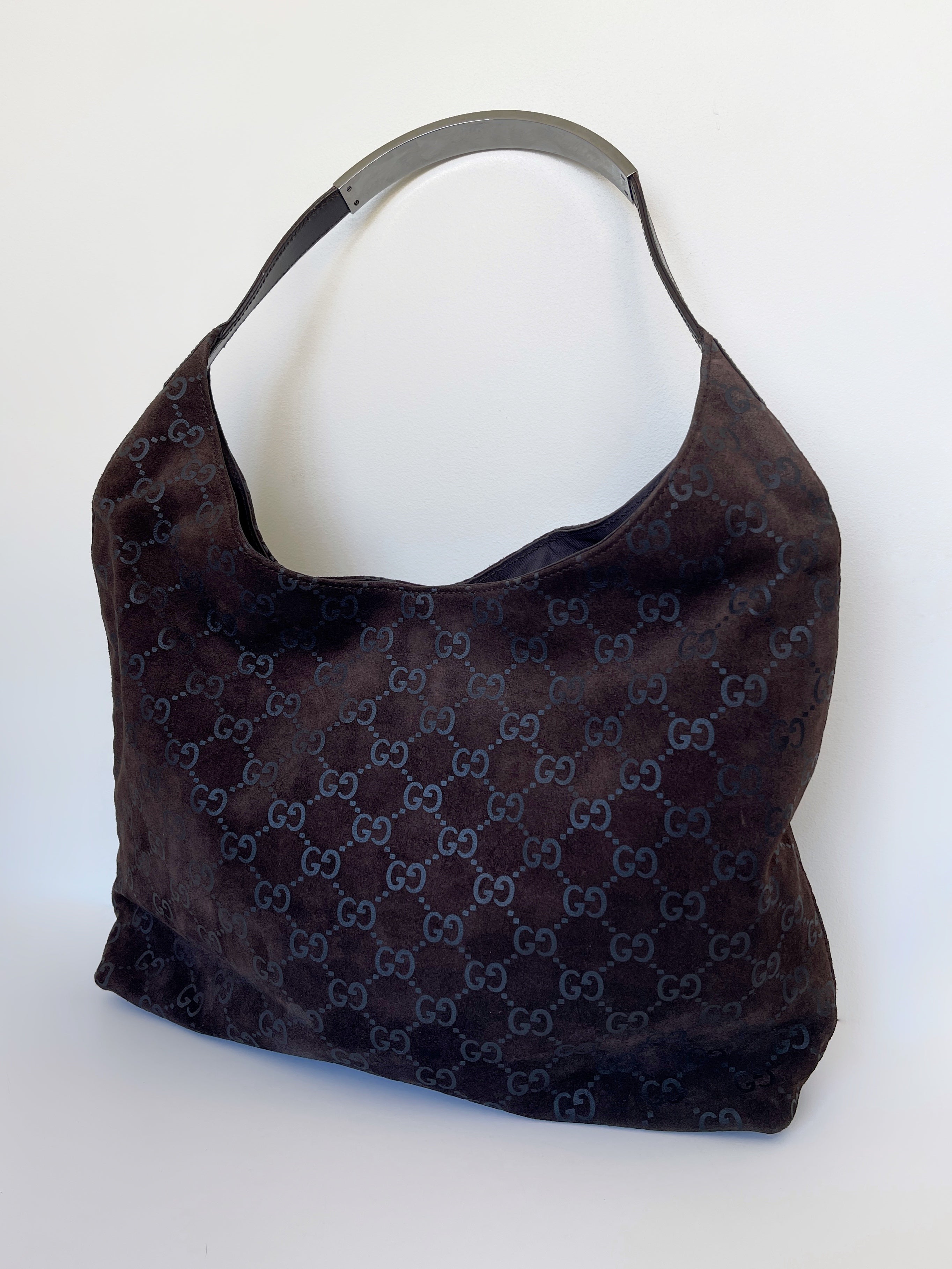 Vintage Gucci brown suede monogram shoulder bag