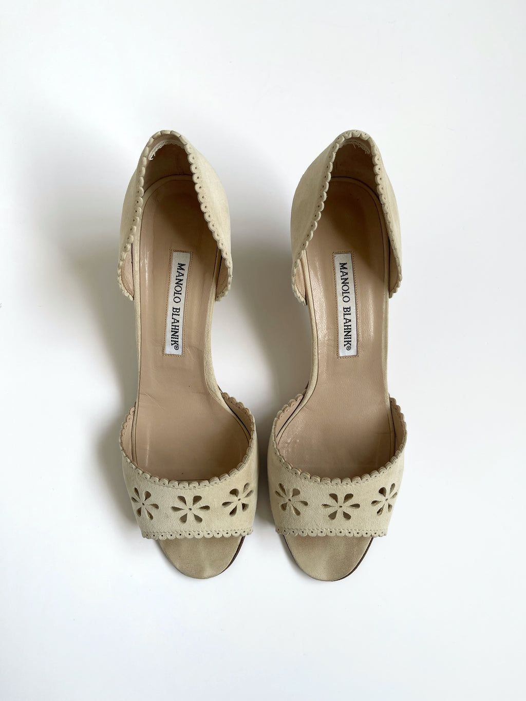 Manolo Blahnik suede eyelet flower heels