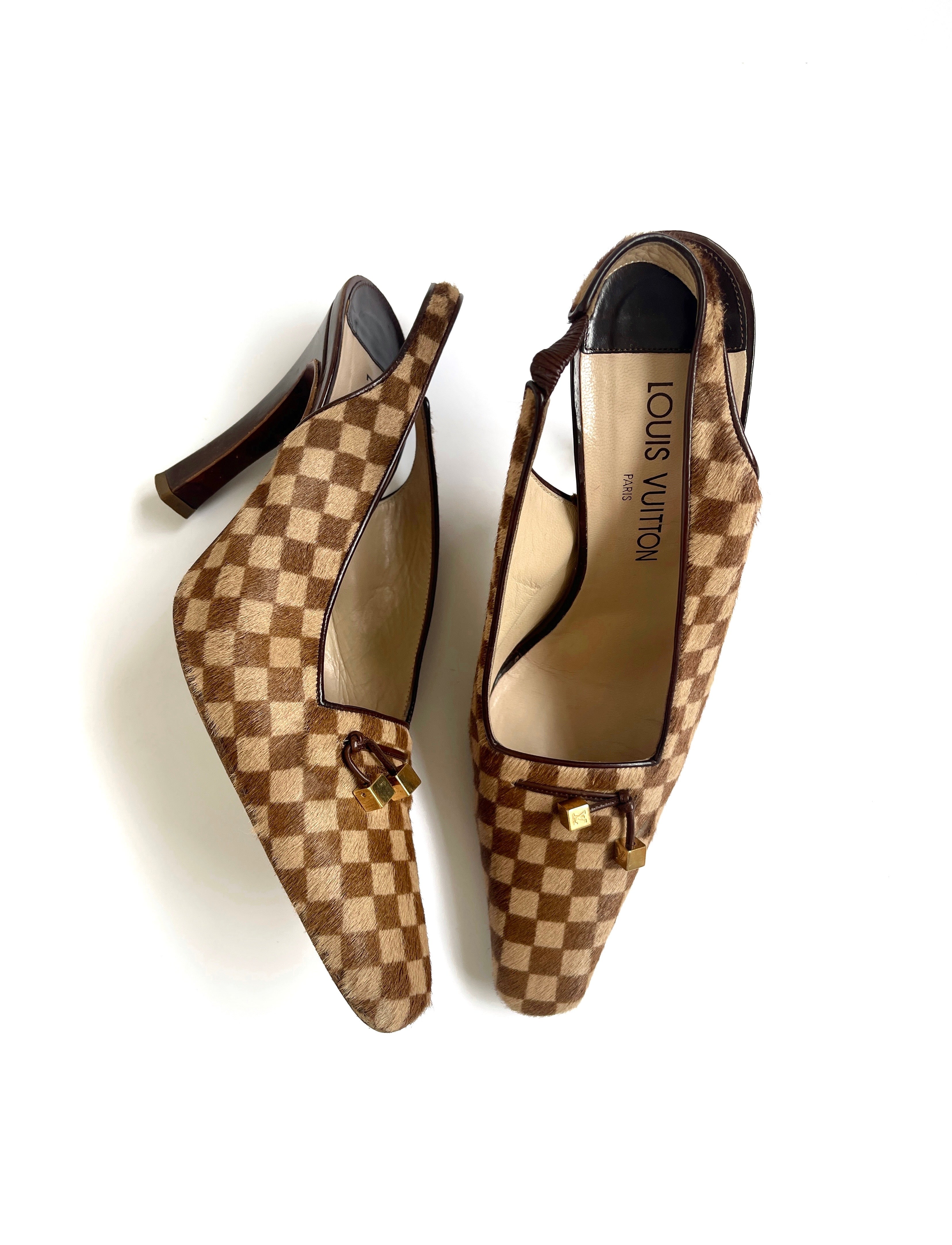 Vintage Louis Vuitton Damier Pony Hair Slingback Heels with Gold charm details