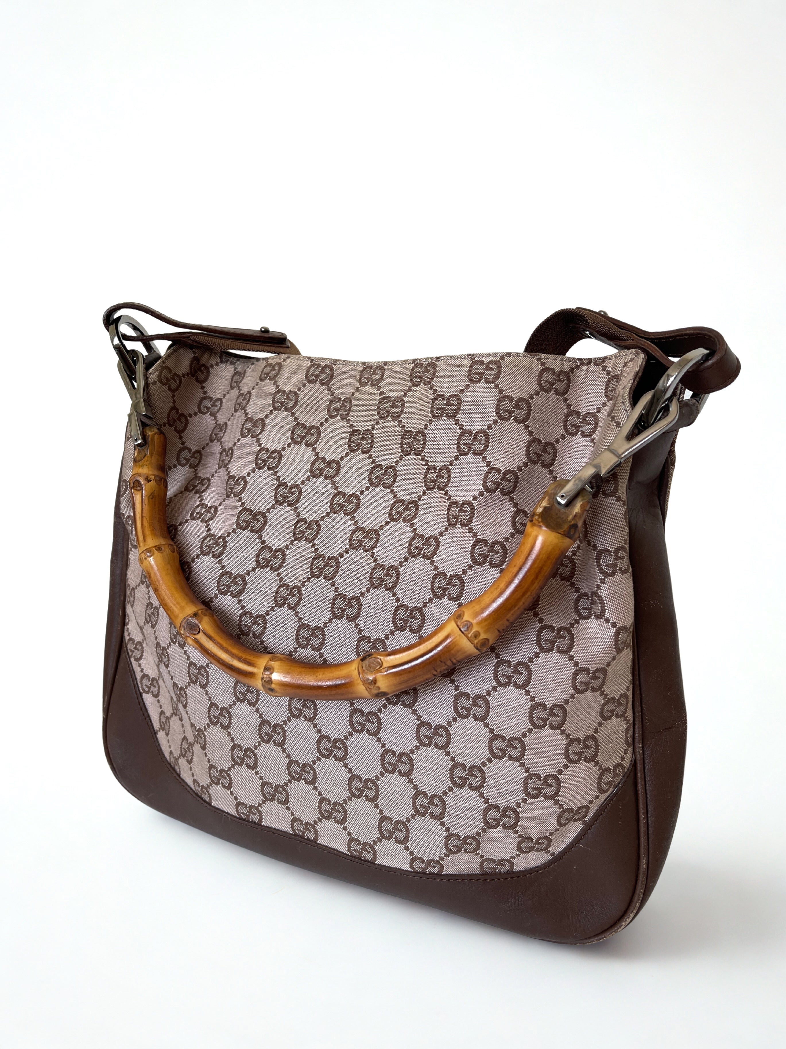 Vintage Gucci monogram bamboo top handle shoulder bag with strap