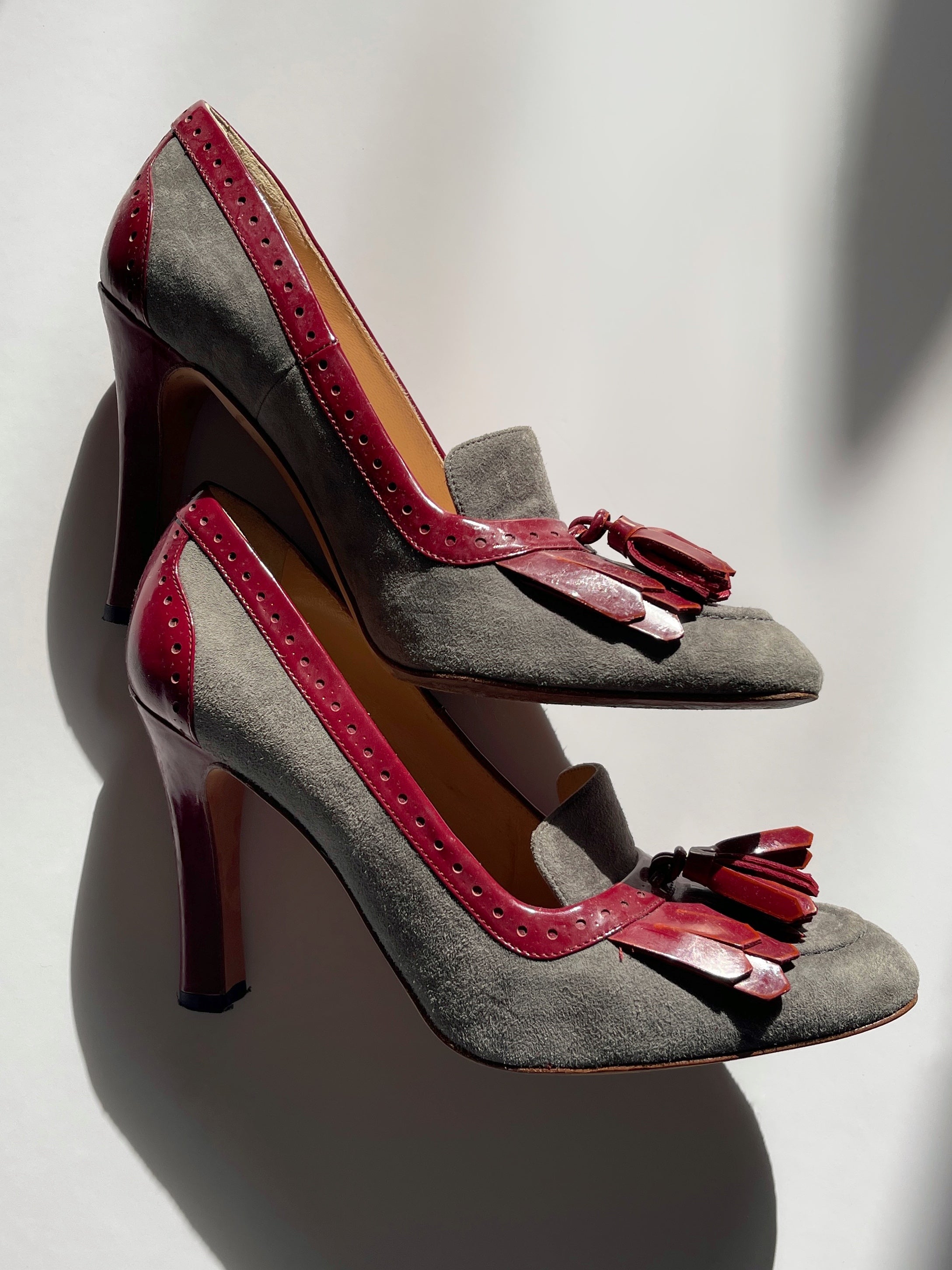 Manolo Blahnik red and grey court shoe.