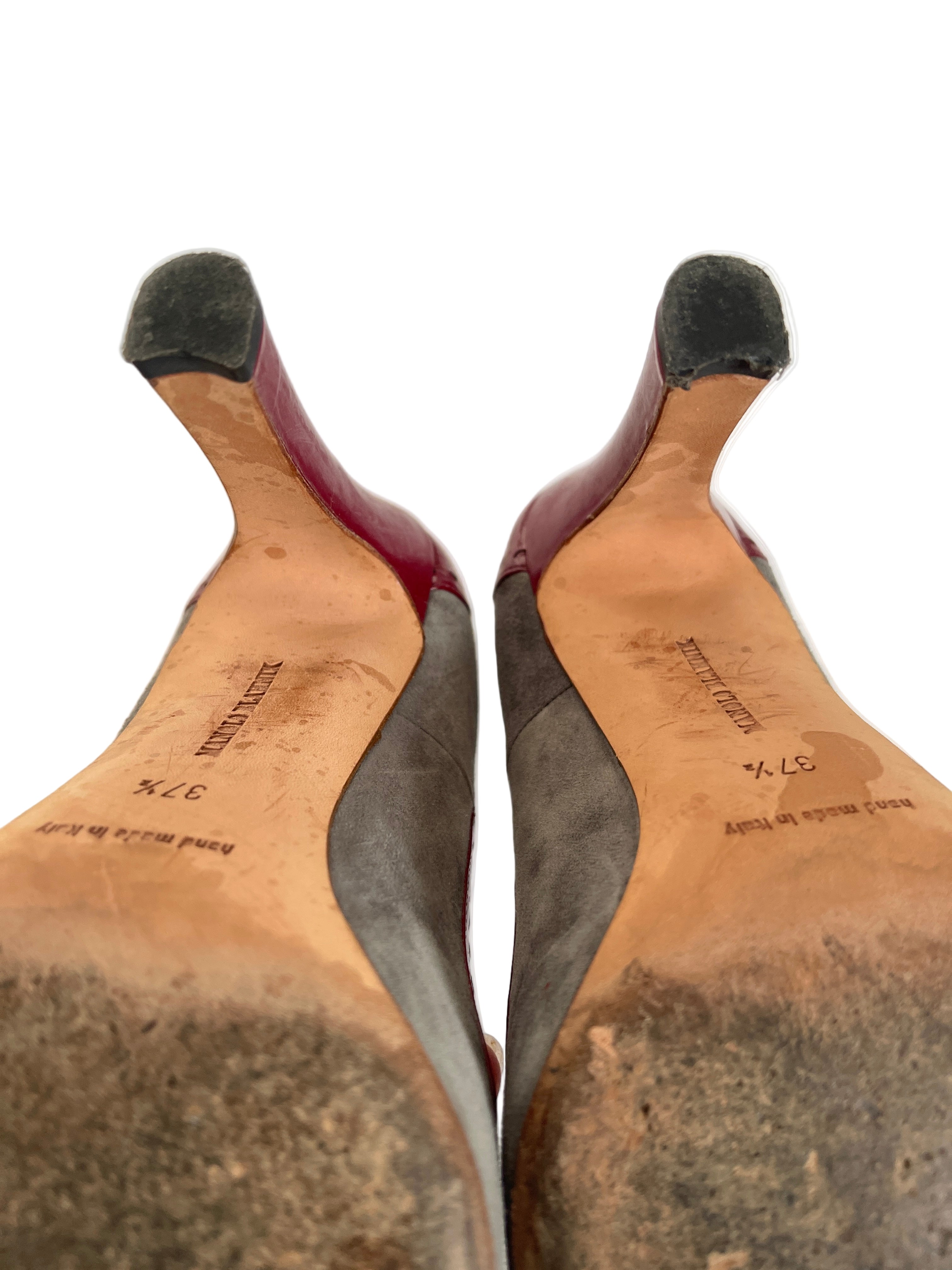 Manolo Blahnik red and grey court shoe.