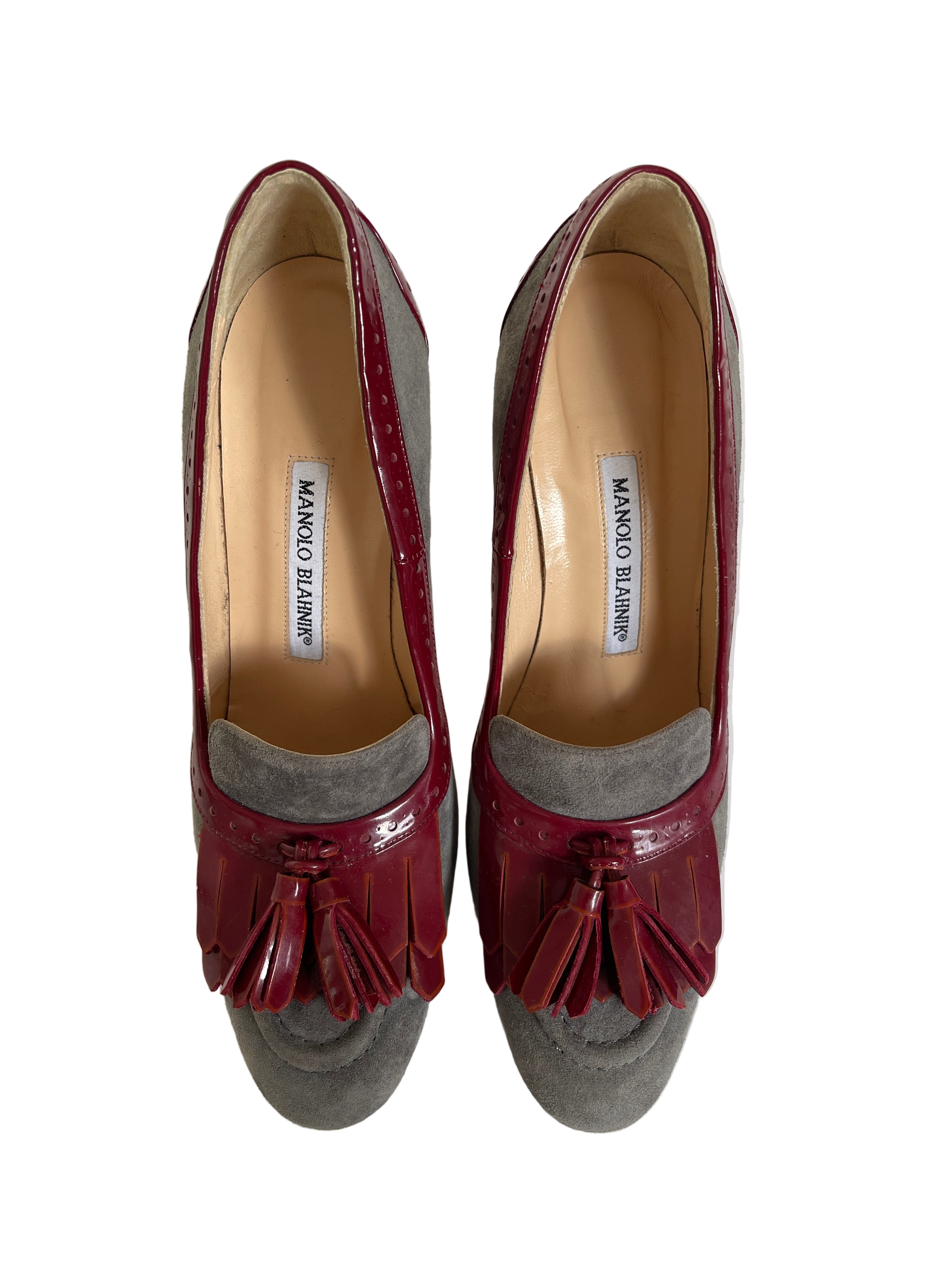 Manolo Blahnik red and grey court shoe.