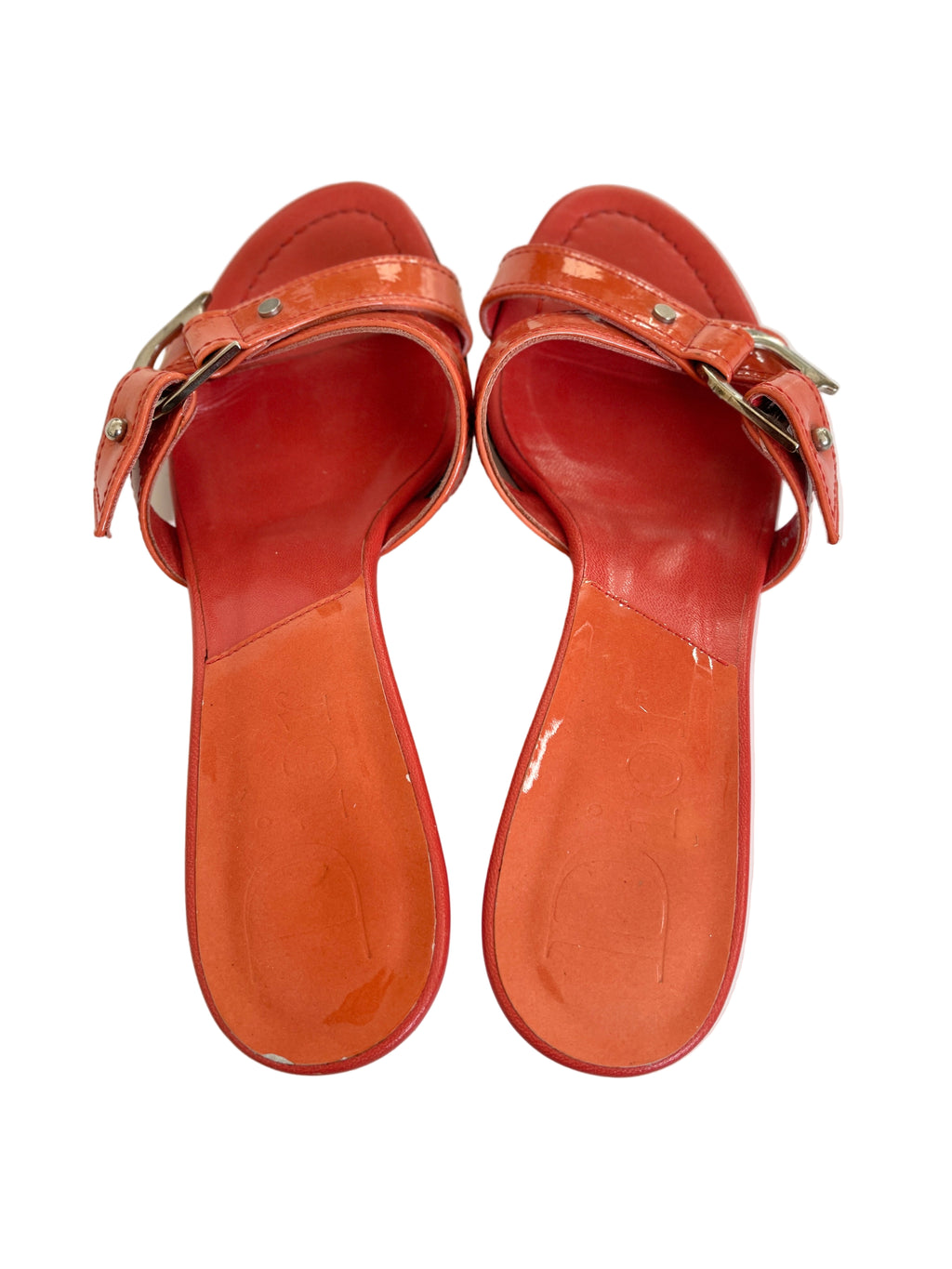 Vintage Dior sunset orange patent leather logo wedge mules
