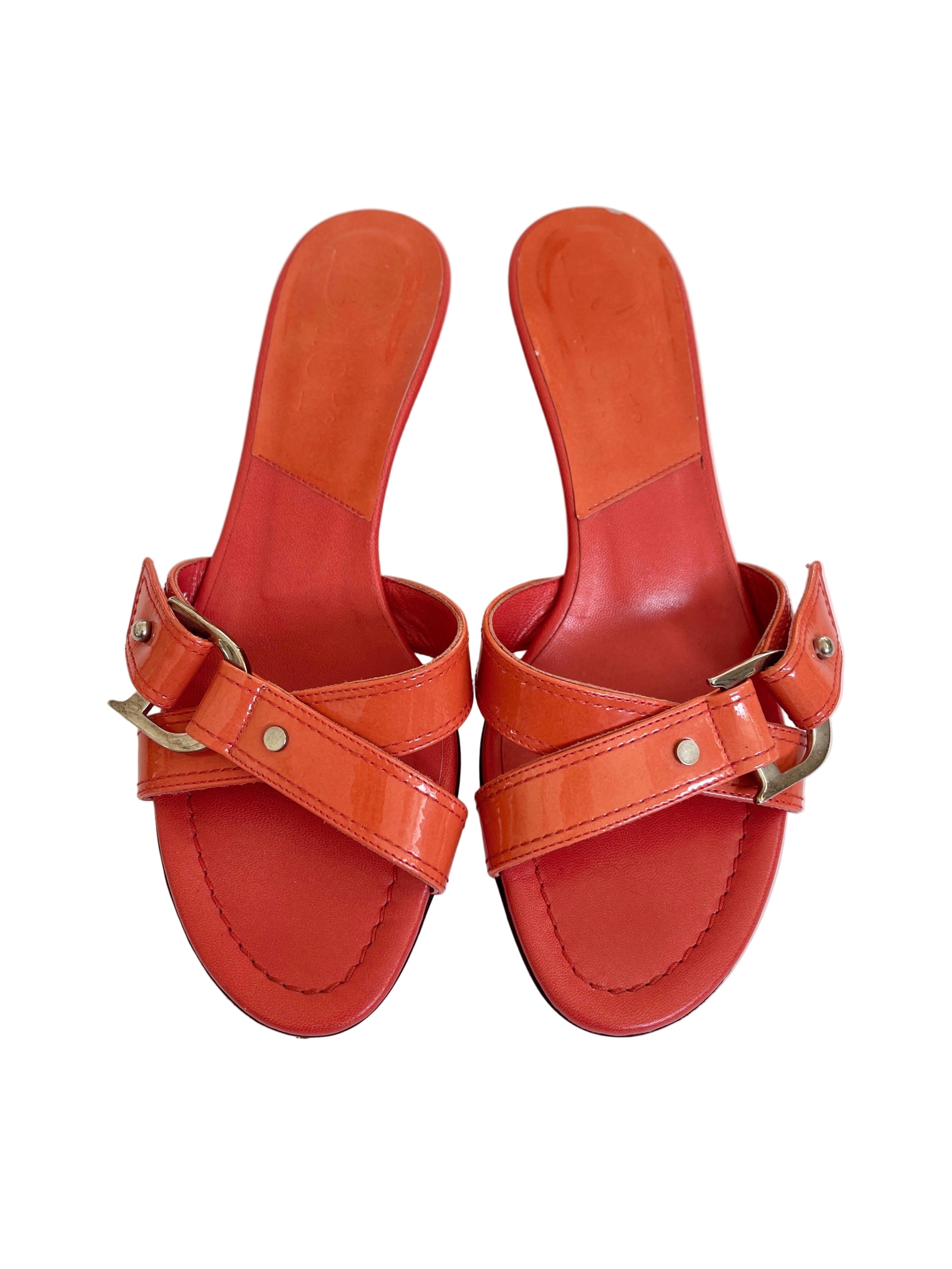 Vintage Dior sunset orange patent leather logo wedge mules