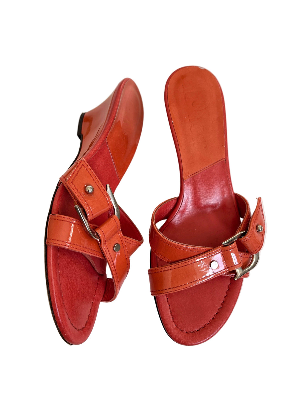 Vintage Dior sunset orange patent leather logo wedge mules
