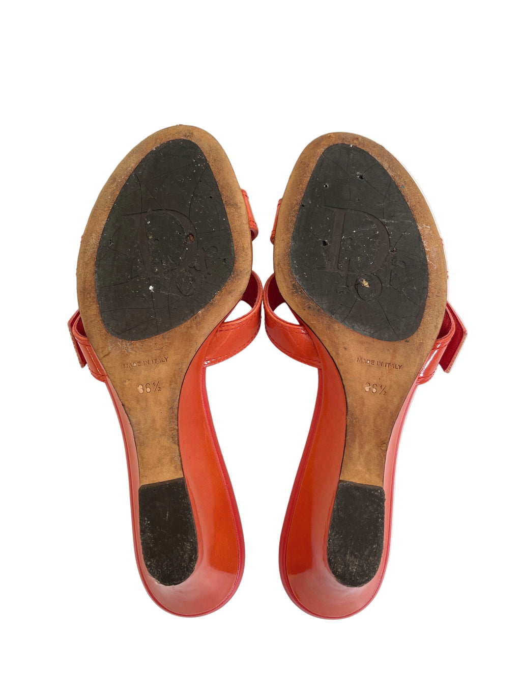 Vintage Dior sunset orange patent leather logo wedge mules