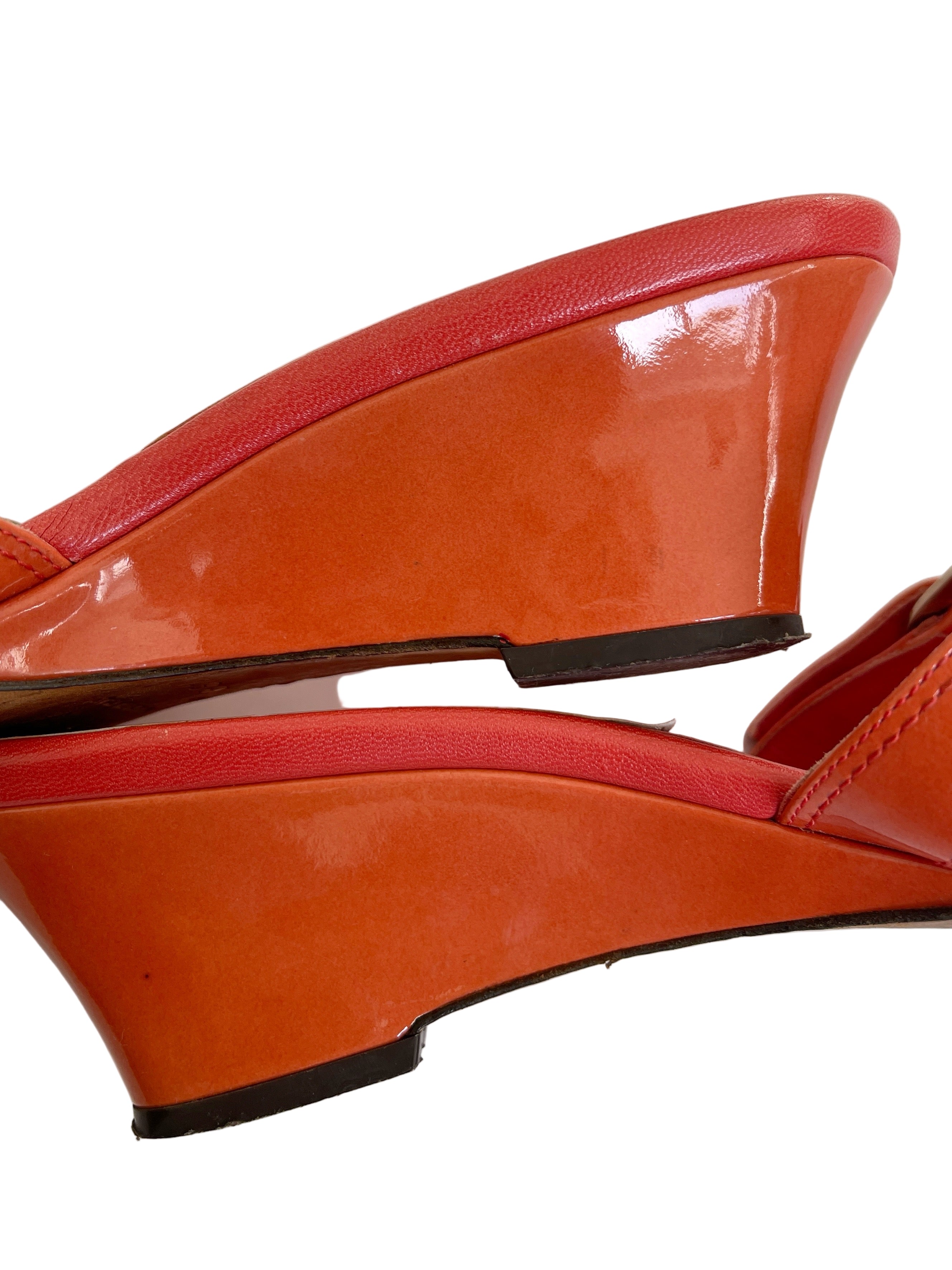 Vintage Dior sunset orange patent leather logo wedge mules