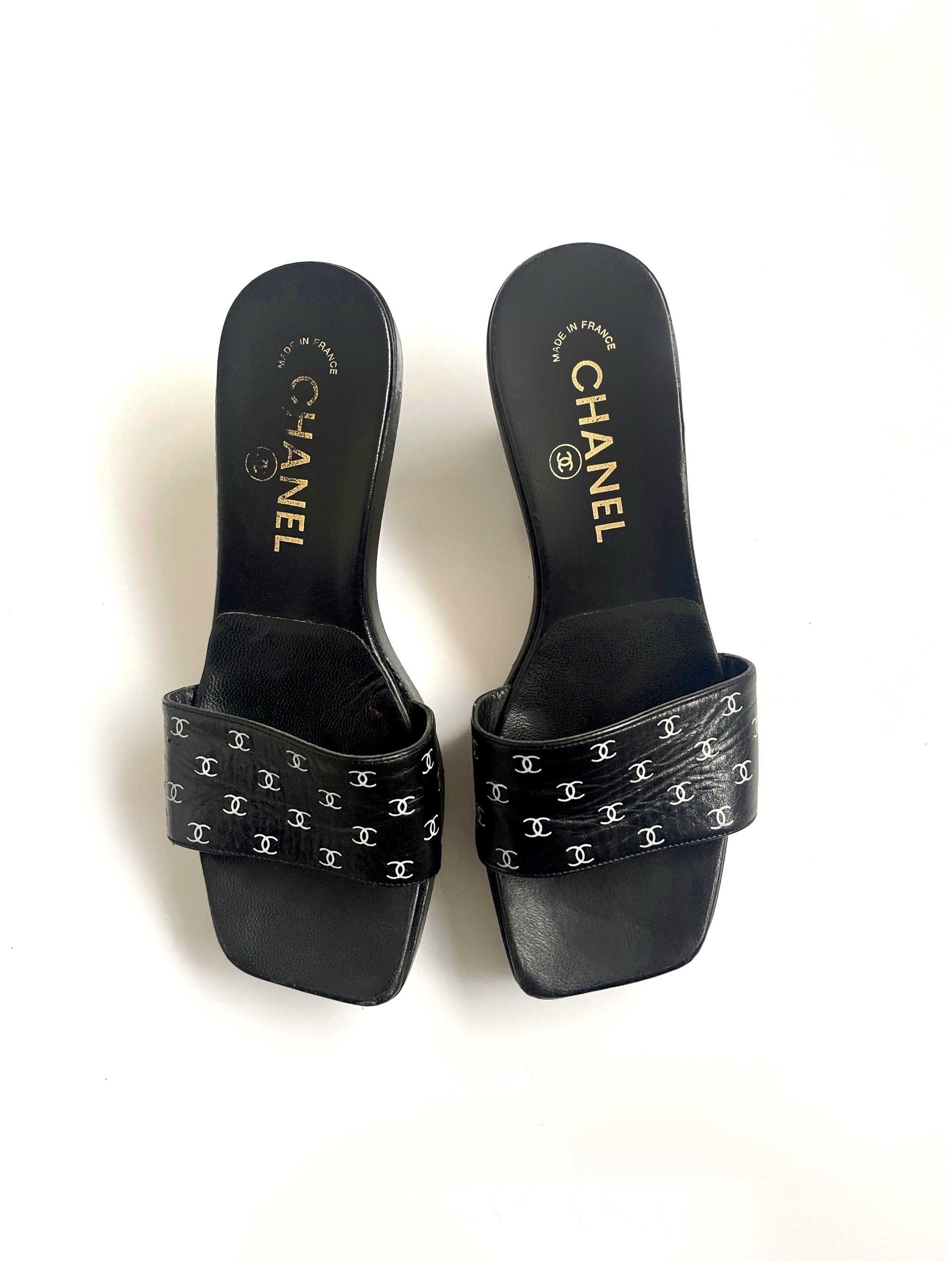 Vintage Chanel rare cc monogram wooden heels mules