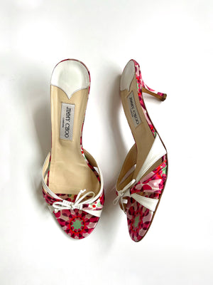 Jimmy Choo Kaleidoscope Floral Bow Satin Mule Heels (EU 41)