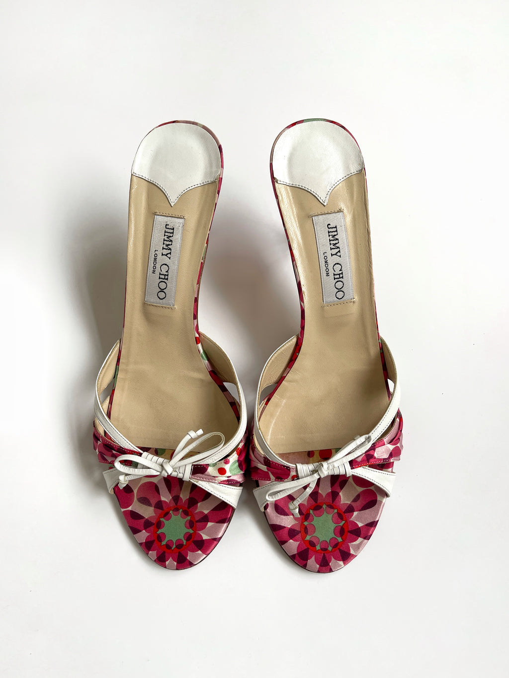 Jimmy Choo Kaleidoscope Floral Bow Satin Mule Heels (EU 41)