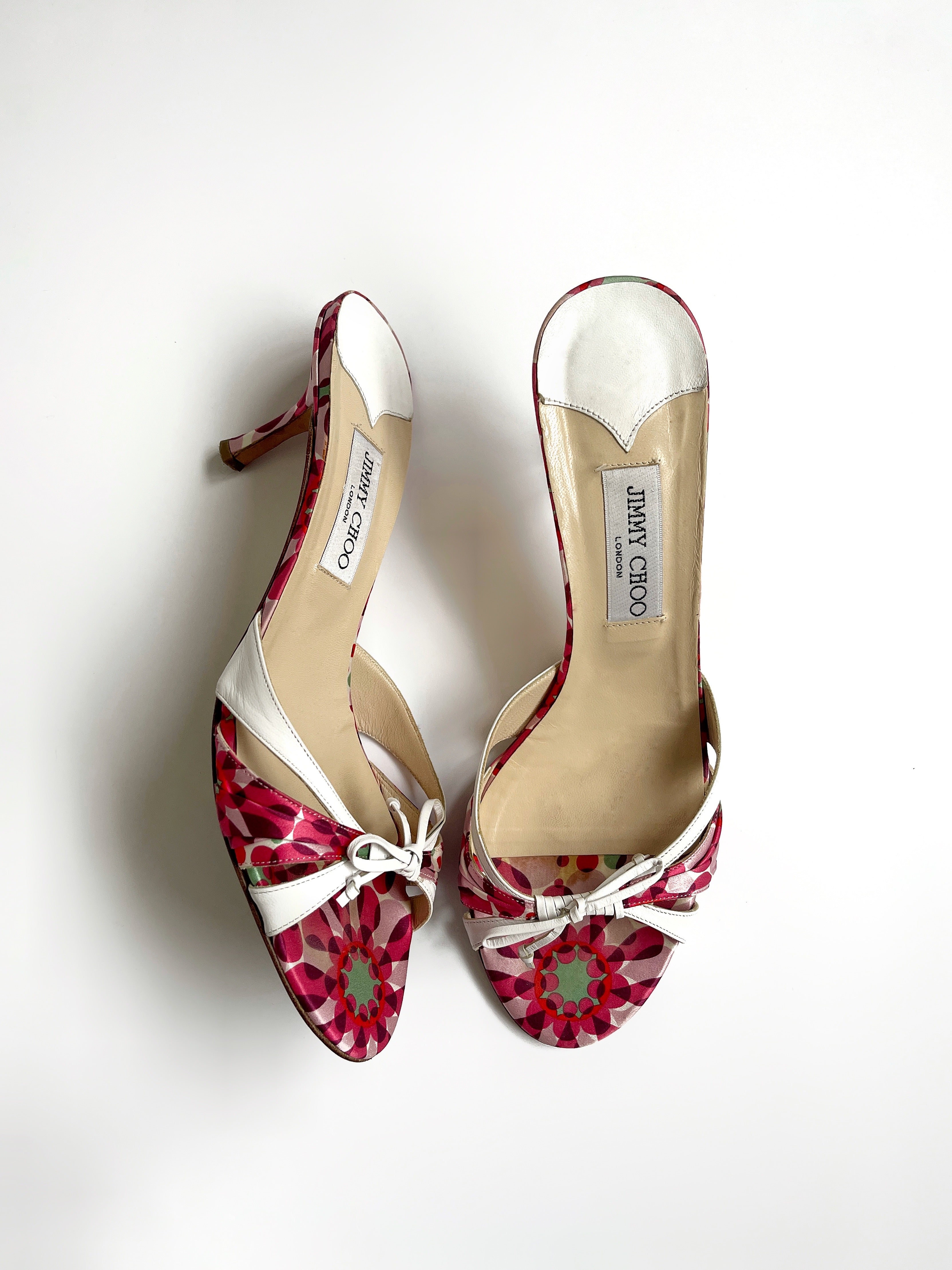 Jimmy Choo Kaleidoscope Floral Bow Satin Mule Heels (EU 41)