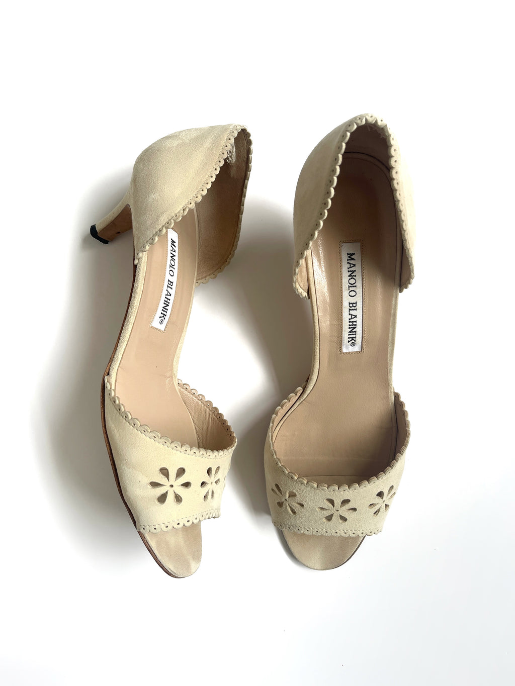 Manolo Blahnik suede eyelet flower heels