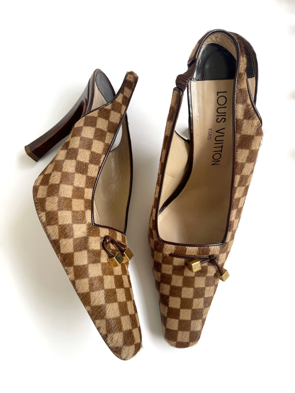 Vintage Louis Vuitton Damier Pony Hair Slingback Heels with Gold charm details