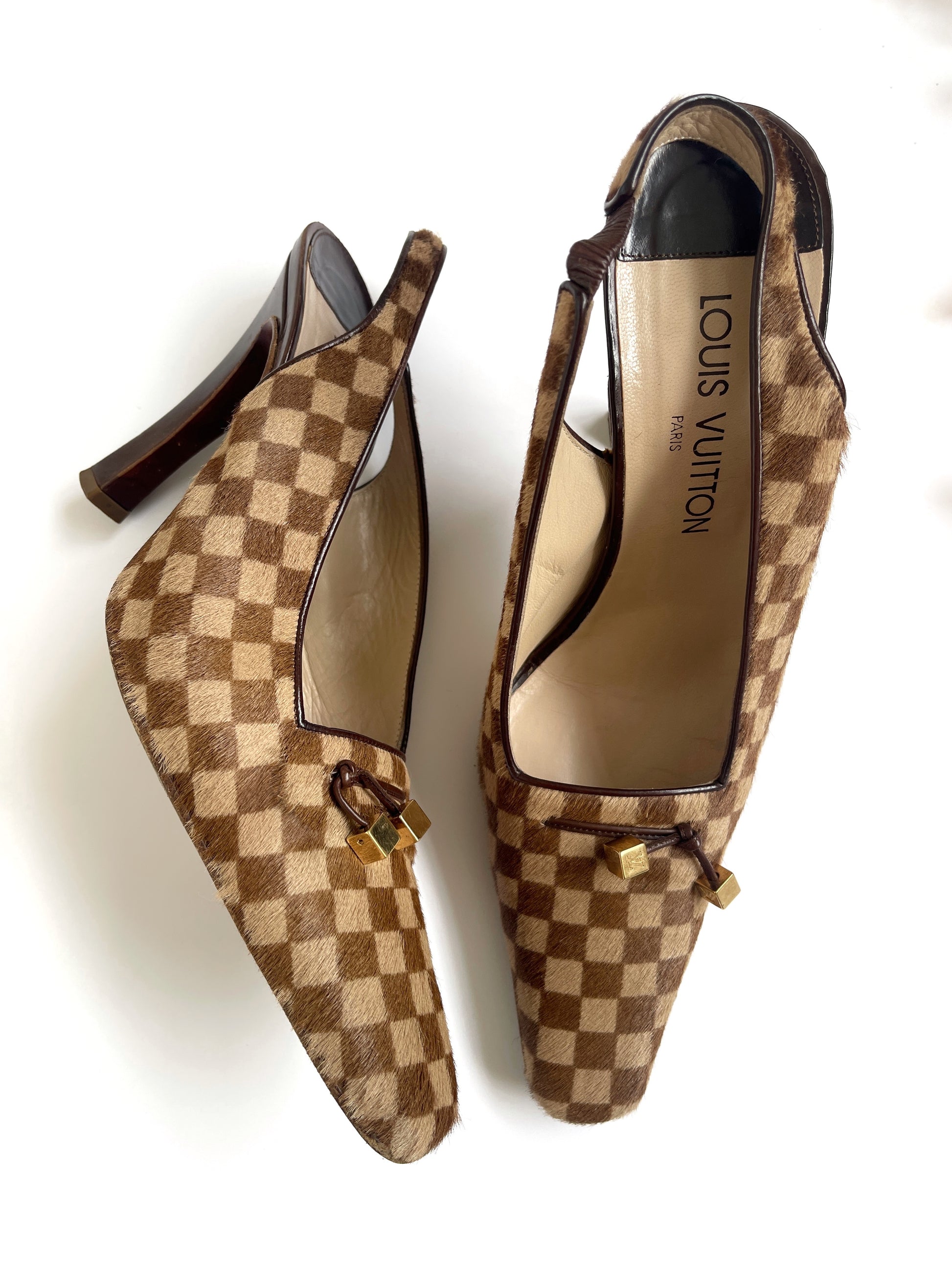 Vintage Louis Vuitton Damier Pony Hair Slingback Heels with Gold charm details