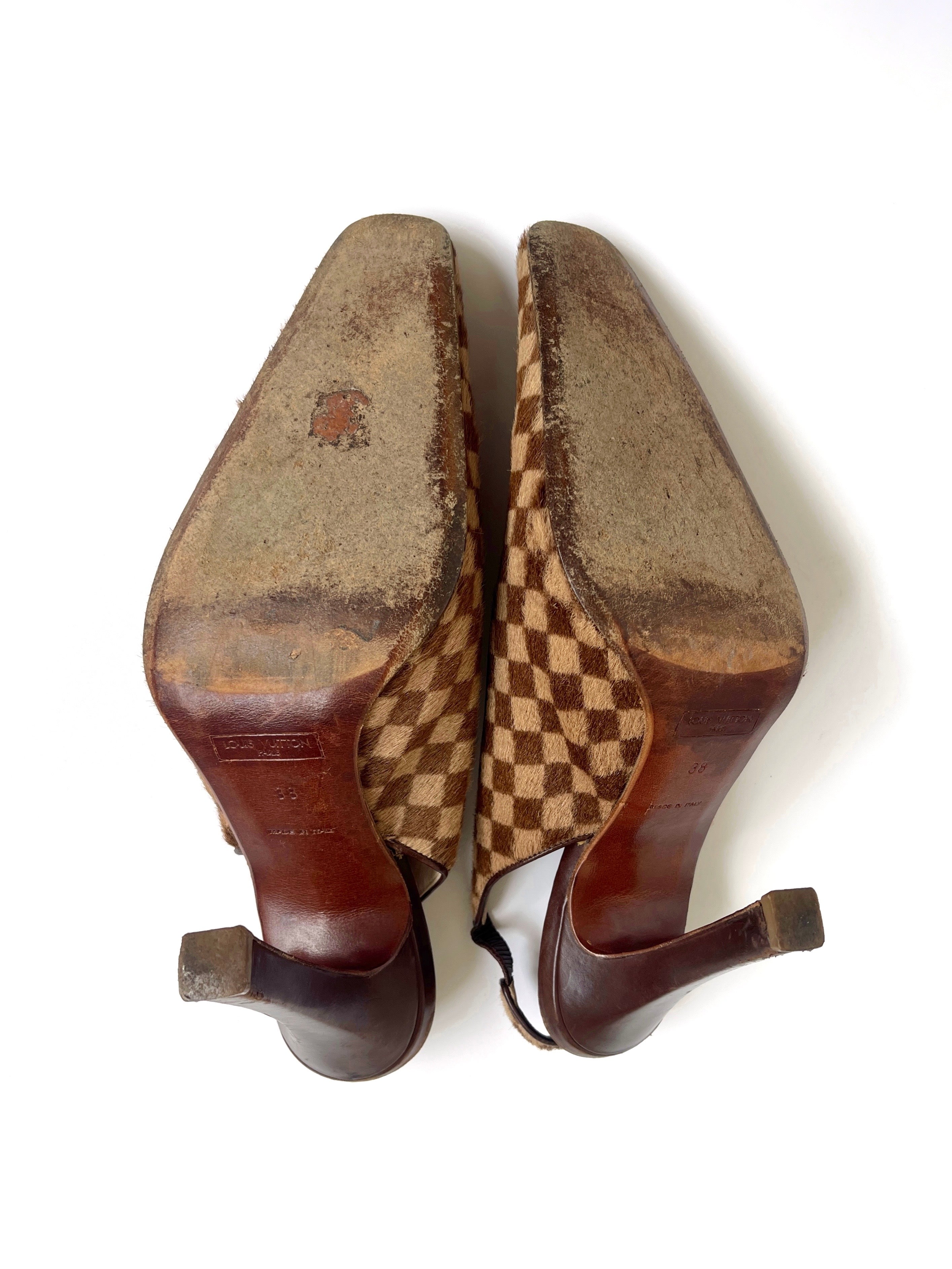 Vintage Louis Vuitton Damier Pony Hair Slingback Heels with Gold charm details
