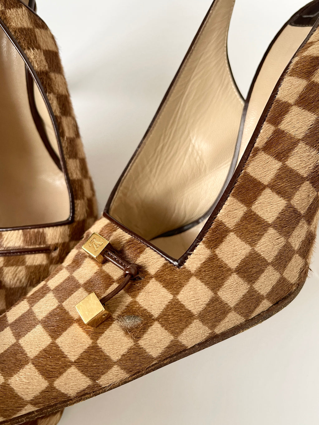 Vintage Louis Vuitton Damier Pony Hair Slingback Heels with Gold charm details