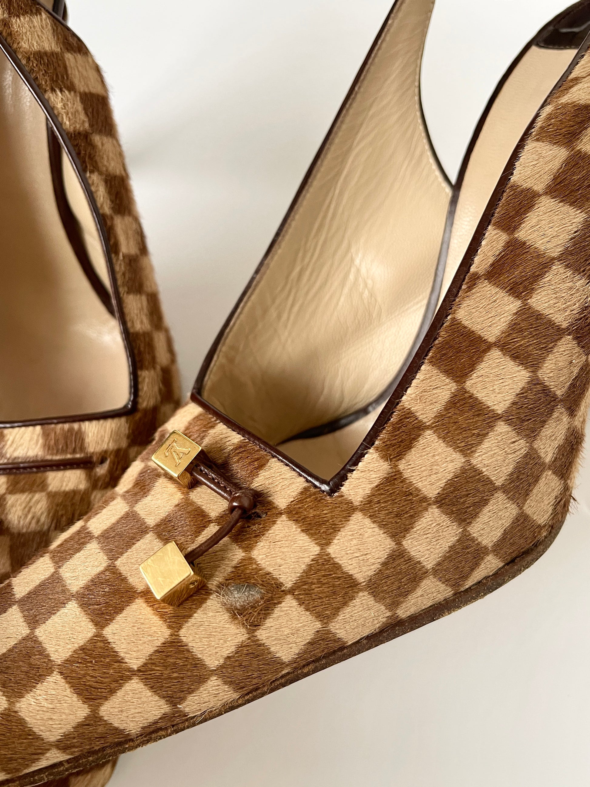 Vintage Louis Vuitton Damier Pony Hair Slingback Heels with Gold charm details