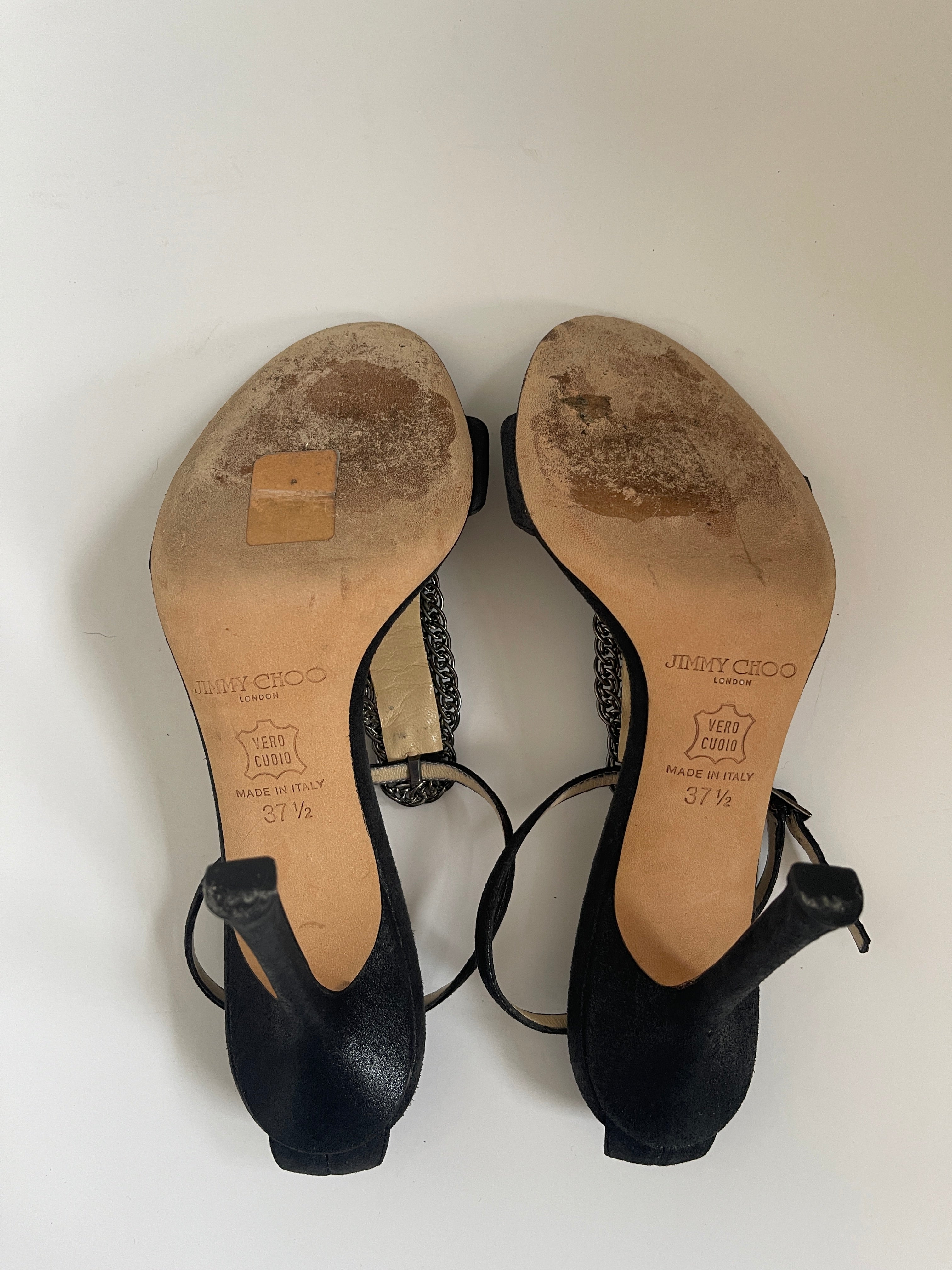 Jimmy Choo black suede chain link accent t strap sandals