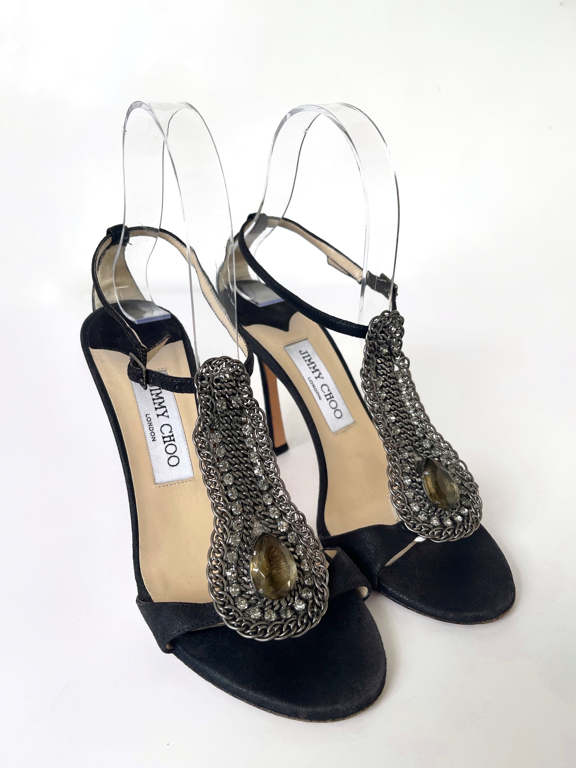 Jimmy Choo black suede chain link accent embellishment t strap sandals heels