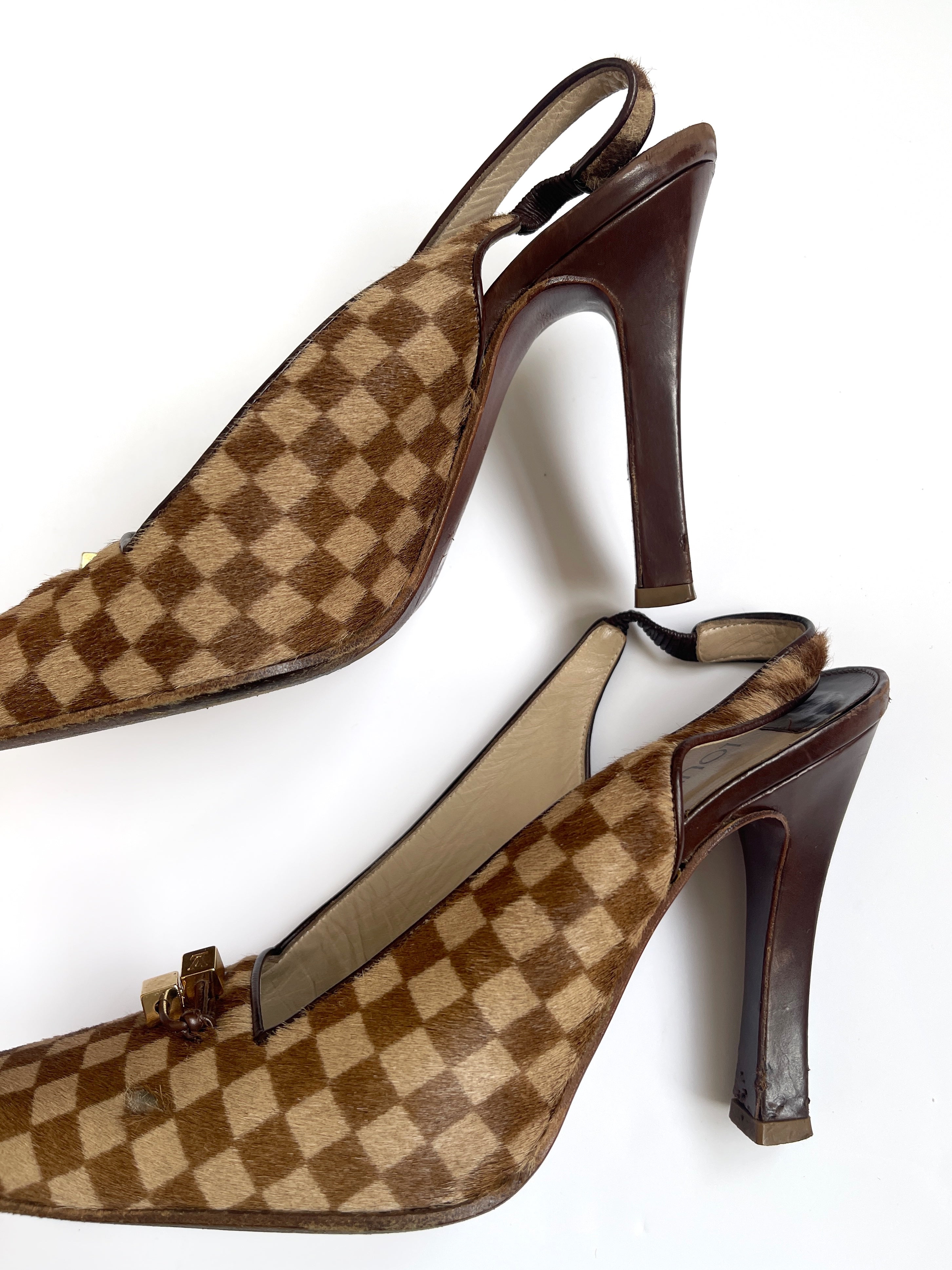 Vintage Louis Vuitton Damier Pony Hair Slingback Heels with Gold charm details
